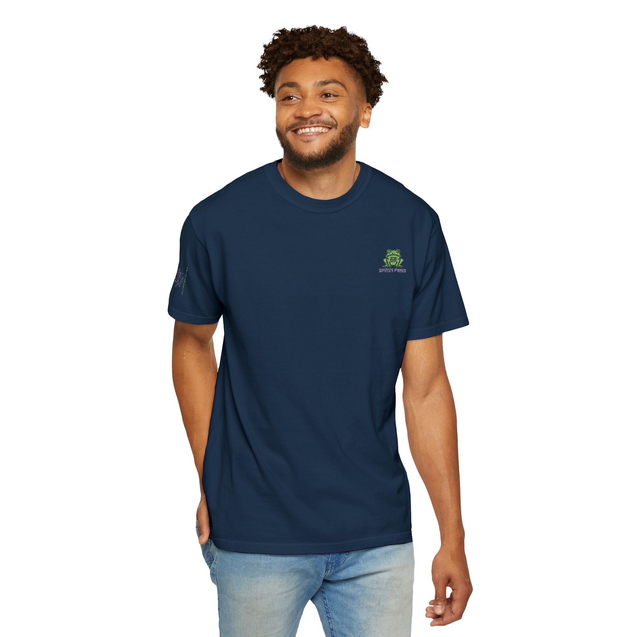 Brain Frog Embroidered Signature T-Shirt — Chest & Sleeve Motif Graphic Tee - 100% Cotton