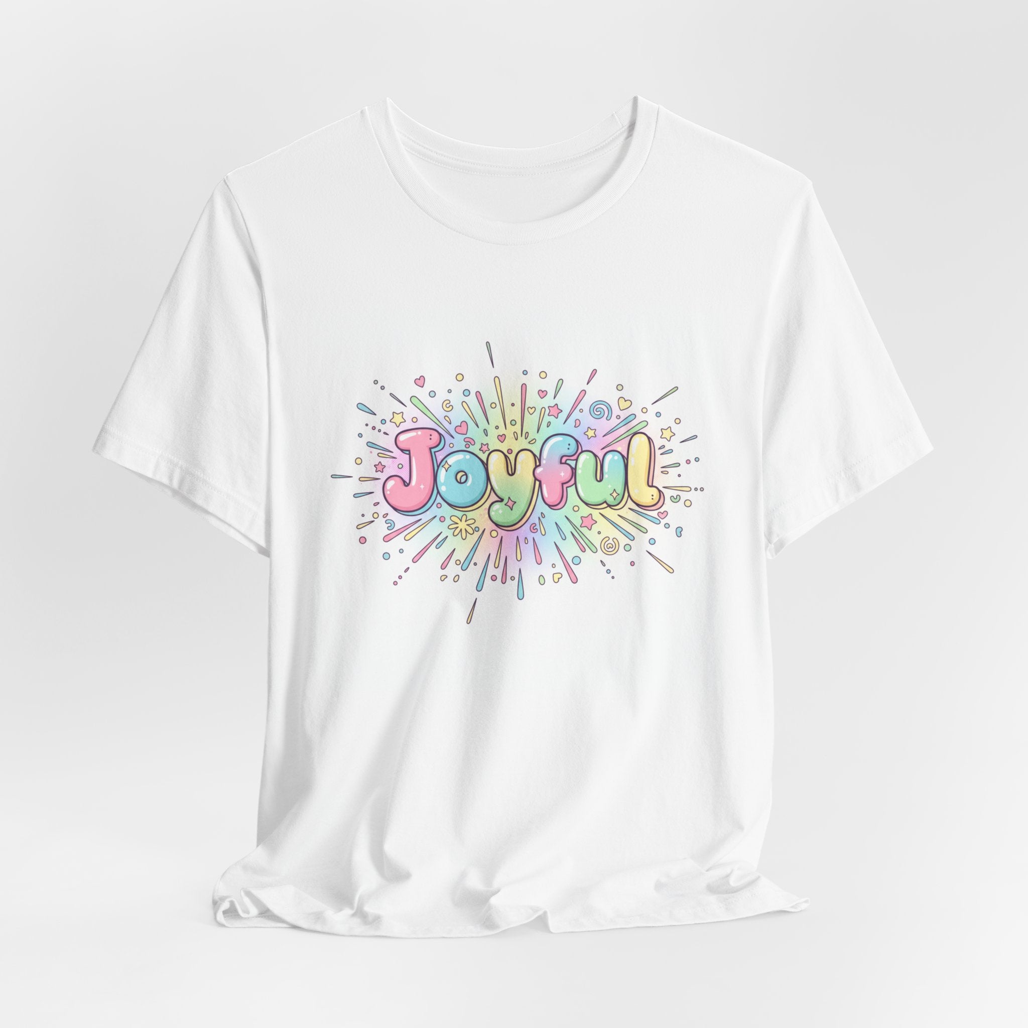 Joyful bubble letters Tee | chaotic cute typography, rainbow gradient - 100% Cotton