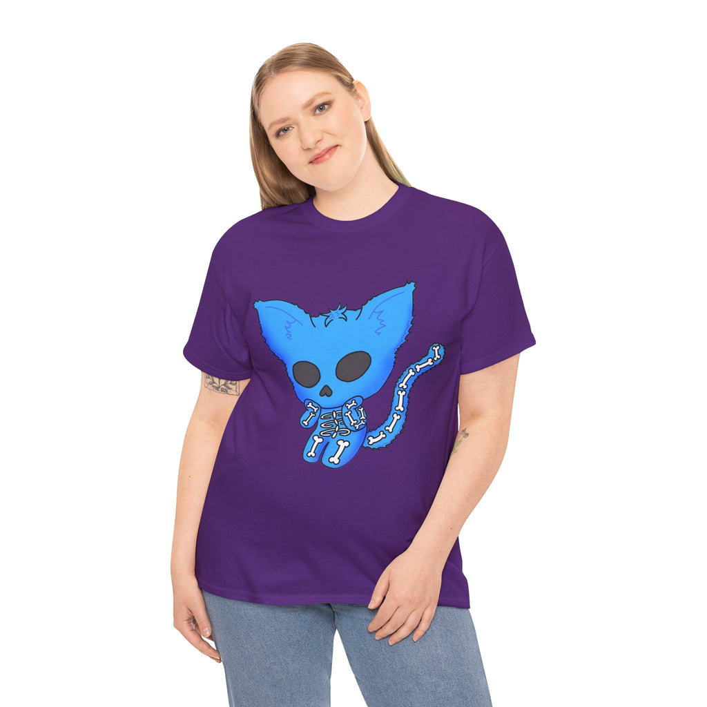 Blue Skeleton Cat Graphic Tee - Cute Creepy Kitty Shirt - 100% Cotton