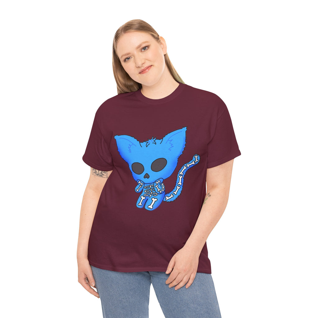 Blue Skeleton Cat Graphic Tee - Cute Creepy Kitty Shirt - 100% Cotton