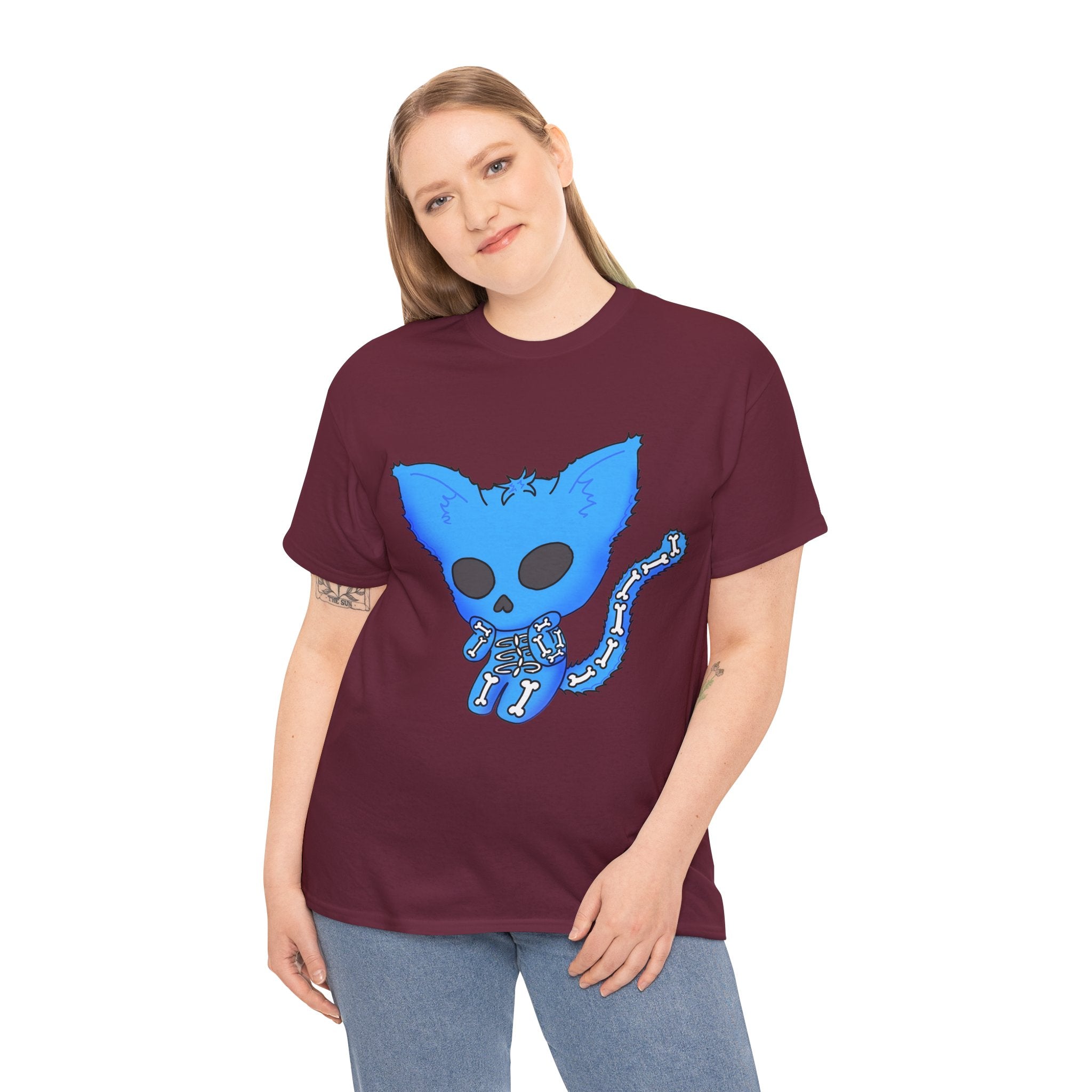 Blue Skeleton Cat Graphic Tee - Cute Creepy Kitty Shirt - 100% Cotton