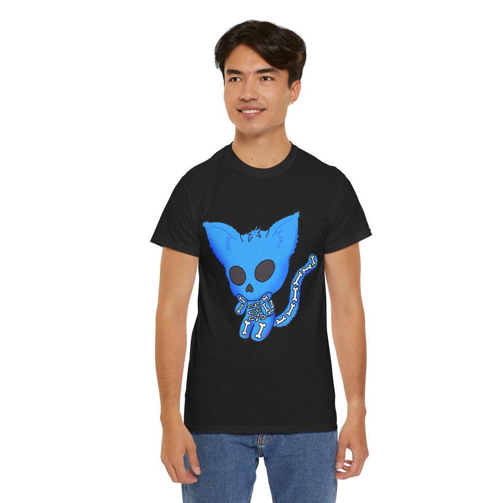 Blue Skeleton Cat Graphic Tee - Cute Creepy Kitty Shirt - 100% Cotton