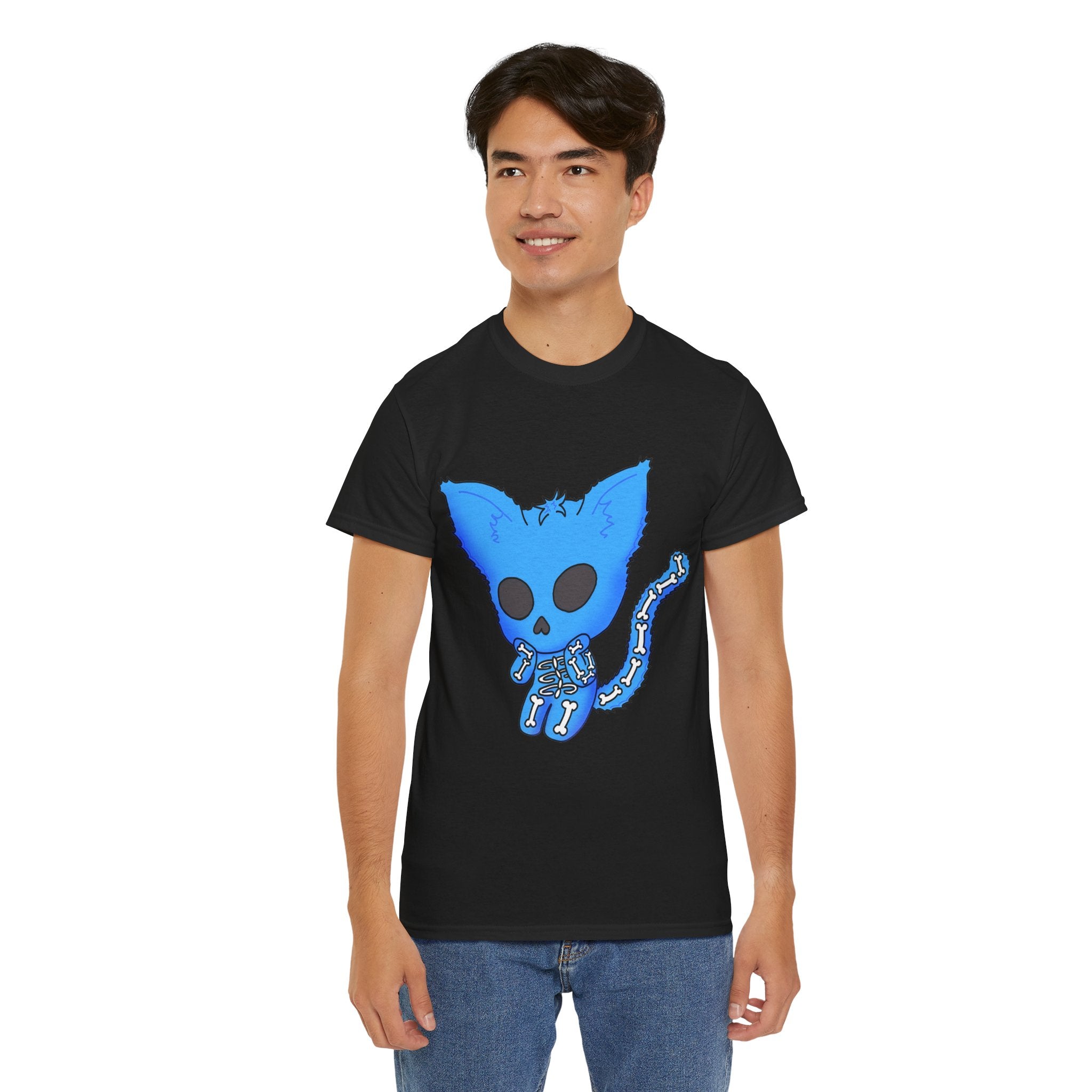 Blue Skeleton Cat Graphic Tee - Cute Creepy Kitty Shirt - 100% Cotton
