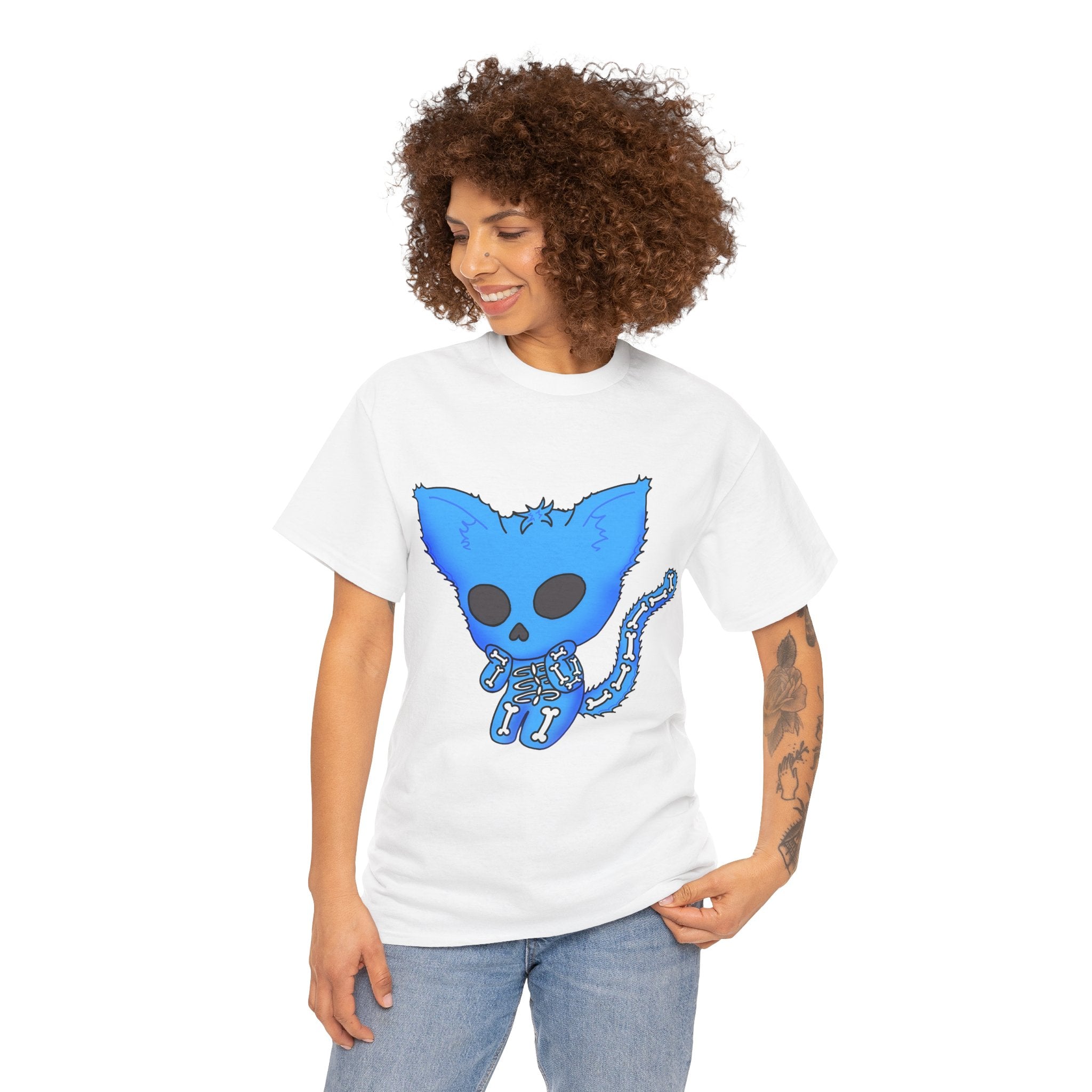 Blue Skeleton Cat Graphic Tee - Cute Creepy Kitty Shirt - 100% Cotton