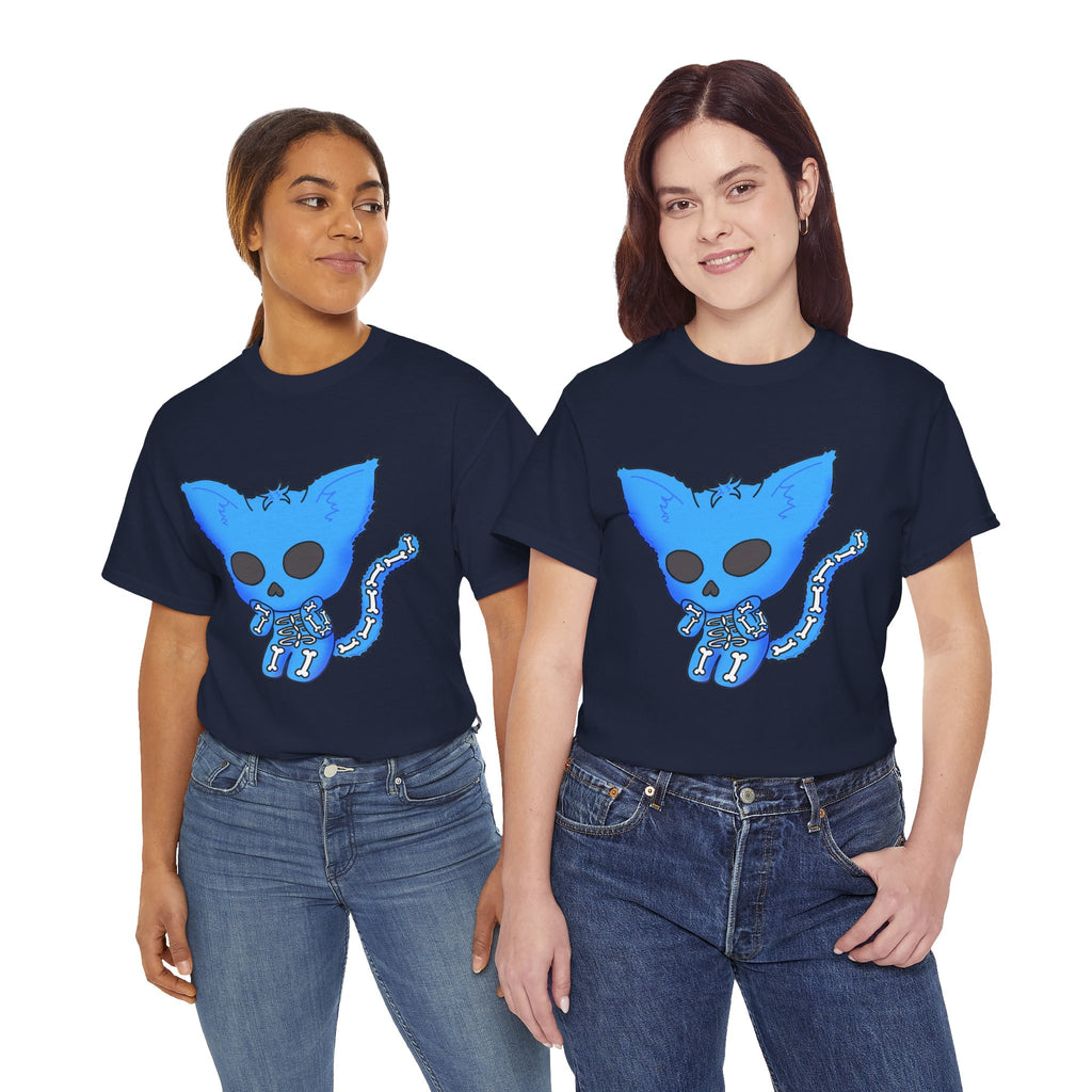 Blue Skeleton Cat Graphic Tee - Cute Creepy Kitty Shirt - 100% Cotton