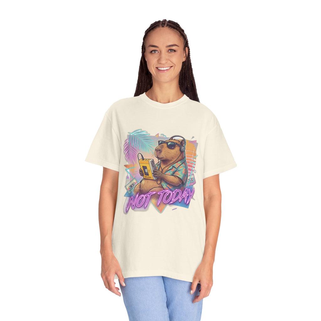 Vintage 80s Capybara T-Shirt — 'NOT TODAY' Neon Walkman Design - 100% Cotton