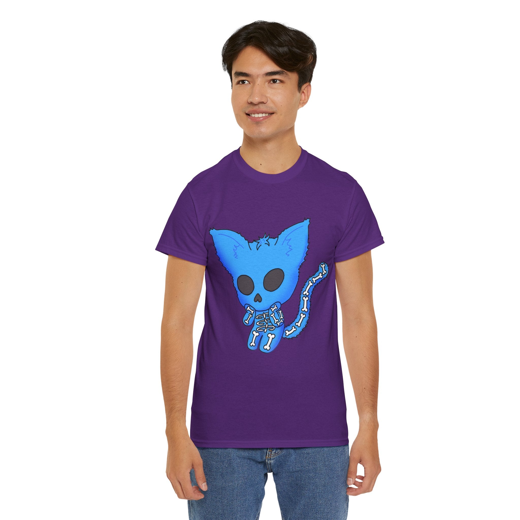 Blue Skeleton Cat Graphic Tee - Cute Creepy Kitty Shirt - 100% Cotton