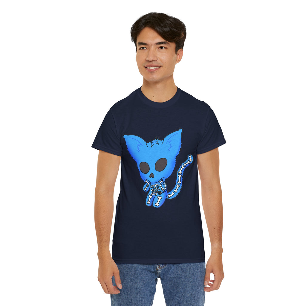 Blue Skeleton Cat Graphic Tee - Cute Creepy Kitty Shirt - 100% Cotton