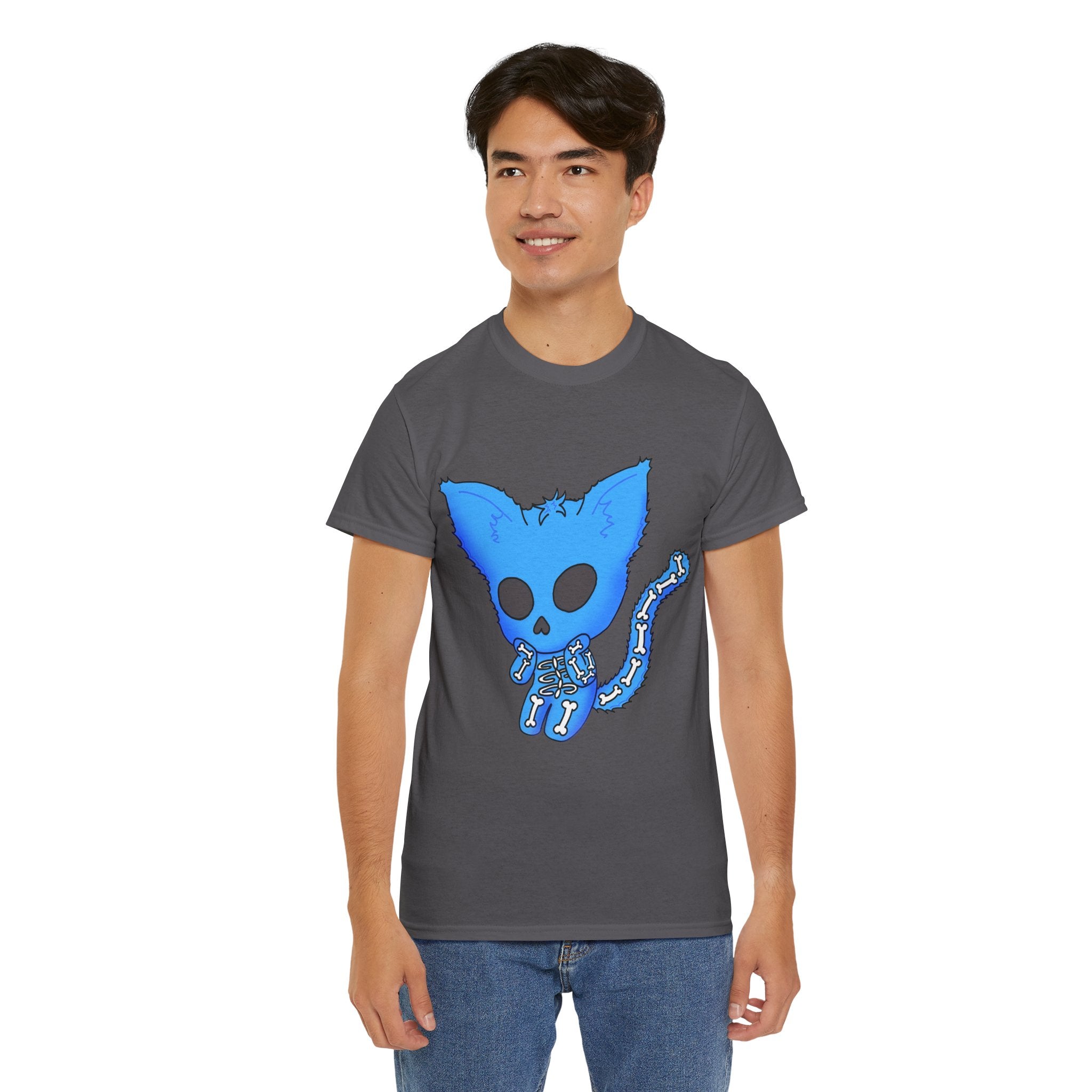 Blue Skeleton Cat Graphic Tee - Cute Creepy Kitty Shirt - 100% Cotton