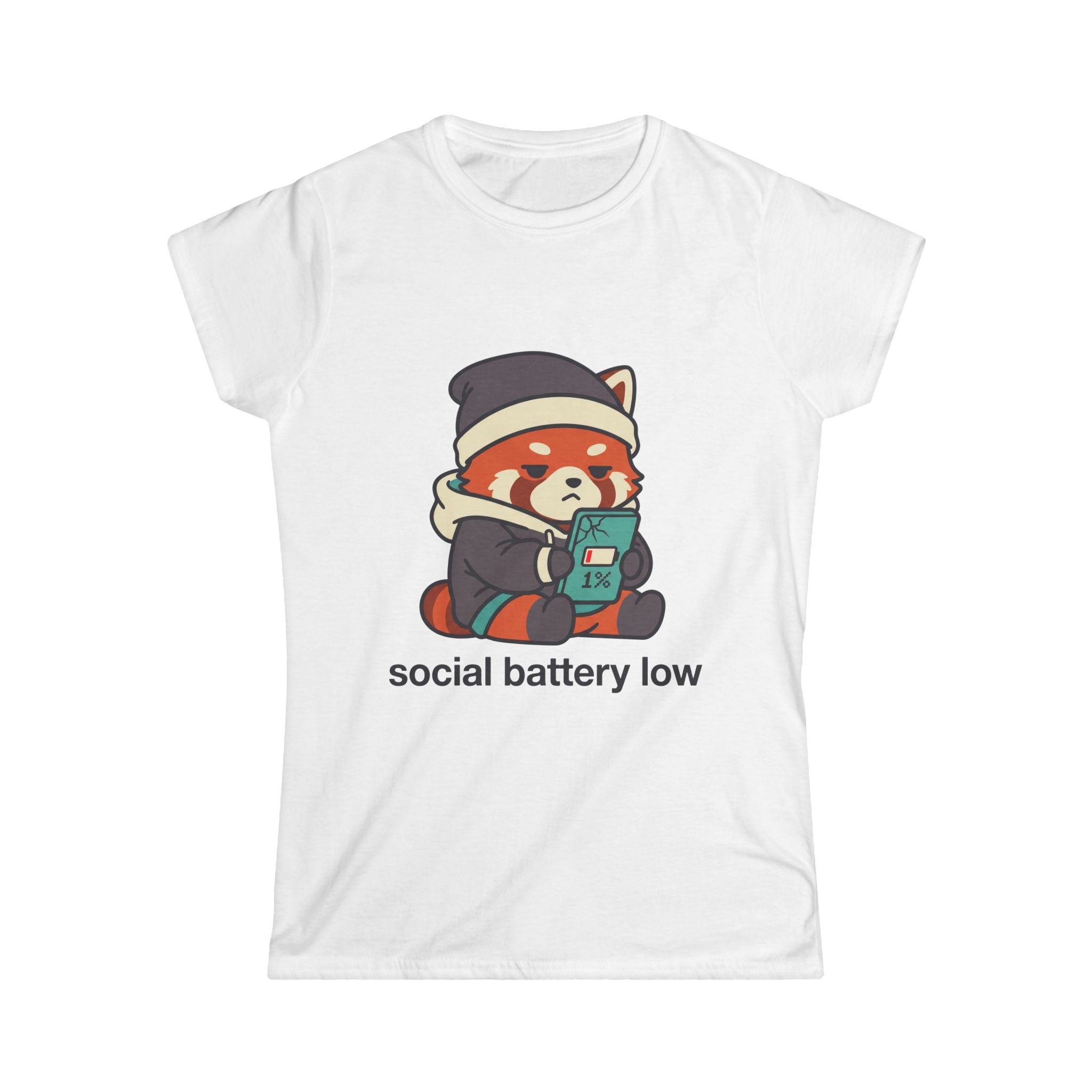 Social Battery Low Tee - Cute Red Panda Graphic Women's Casual T-Shirt - 100% Cotton - Various Colours