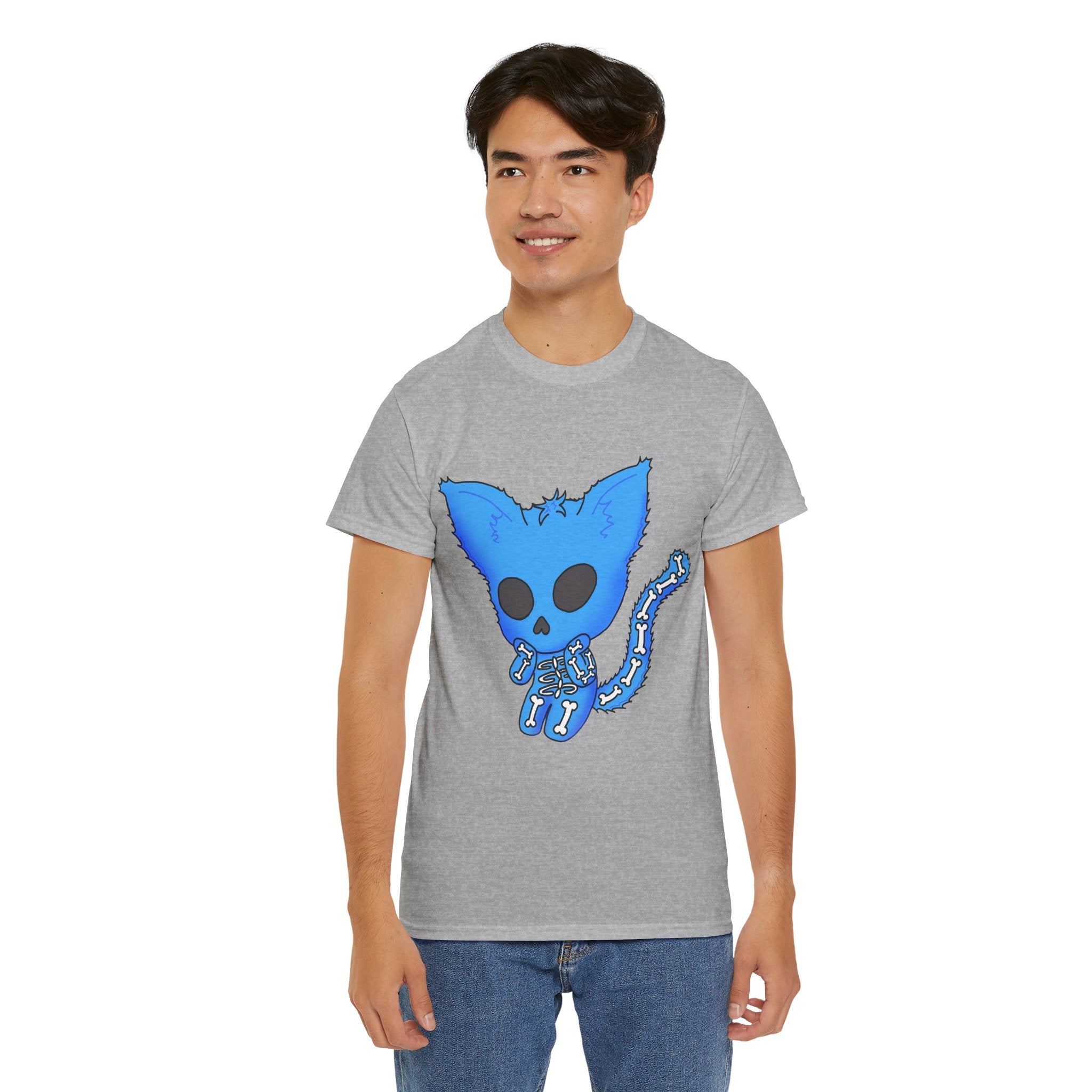 Blue Skeleton Cat Graphic Tee - Cute Creepy Kitty Shirt - 100% Cotton