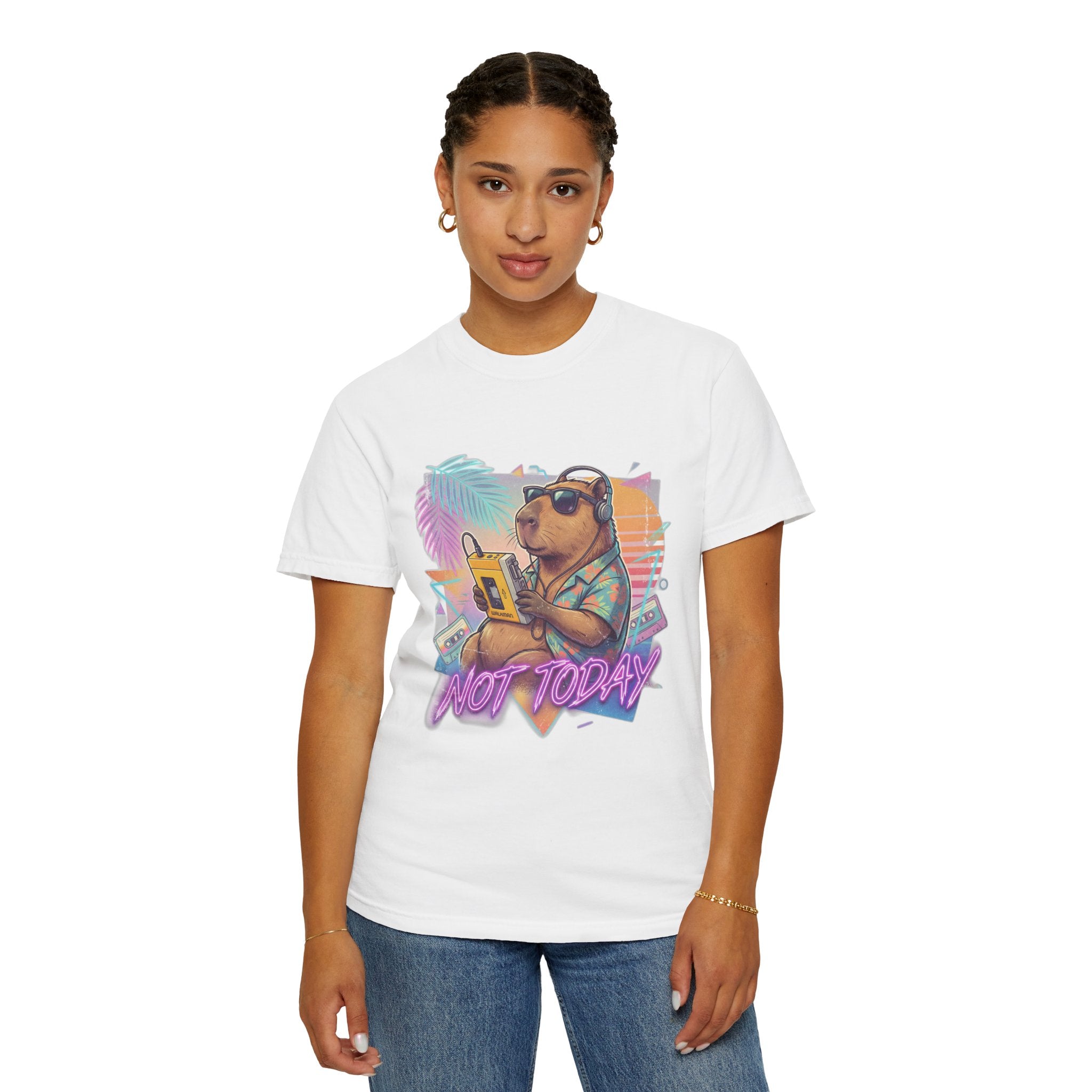 Vintage 80s Capybara T-Shirt — 'NOT TODAY' Neon Walkman Design - 100% Cotton