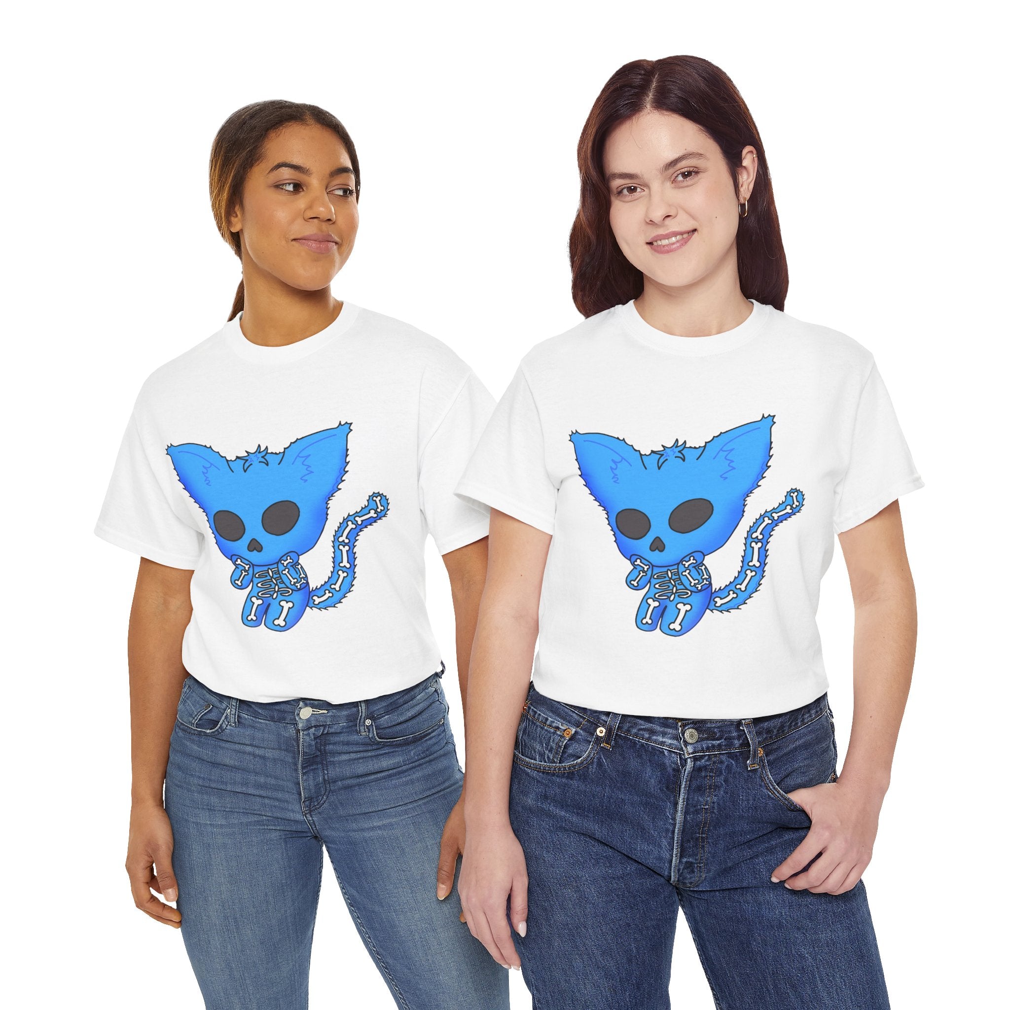 Blue Skeleton Cat Graphic Tee - Cute Creepy Kitty Shirt - 100% Cotton