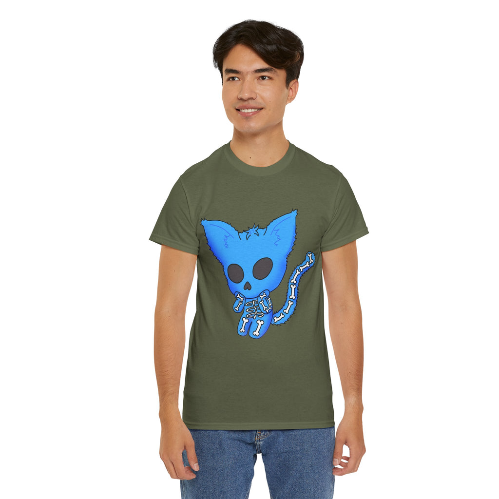 Blue Skeleton Cat Graphic Tee - Cute Creepy Kitty Shirt - 100% Cotton