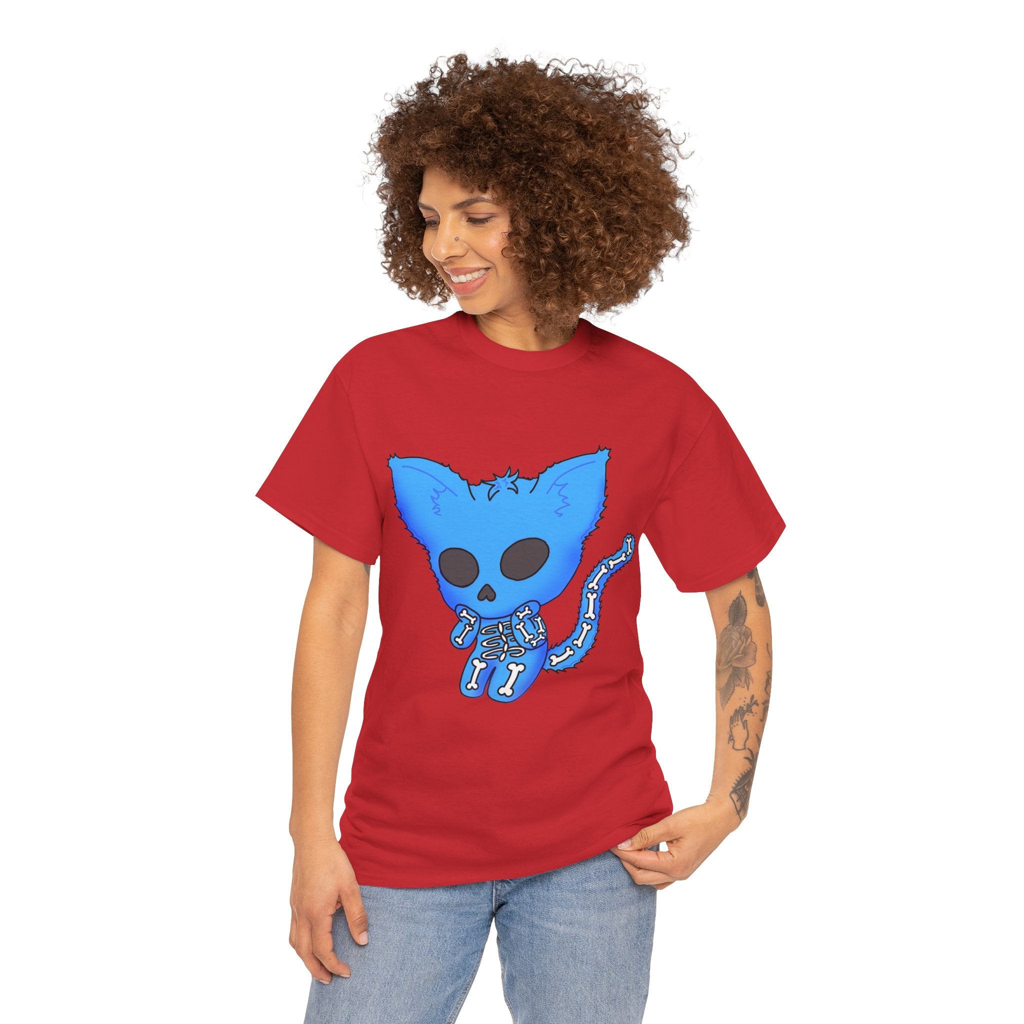 Blue Skeleton Cat Graphic Tee - Cute Creepy Kitty Shirt - 100% Cotton