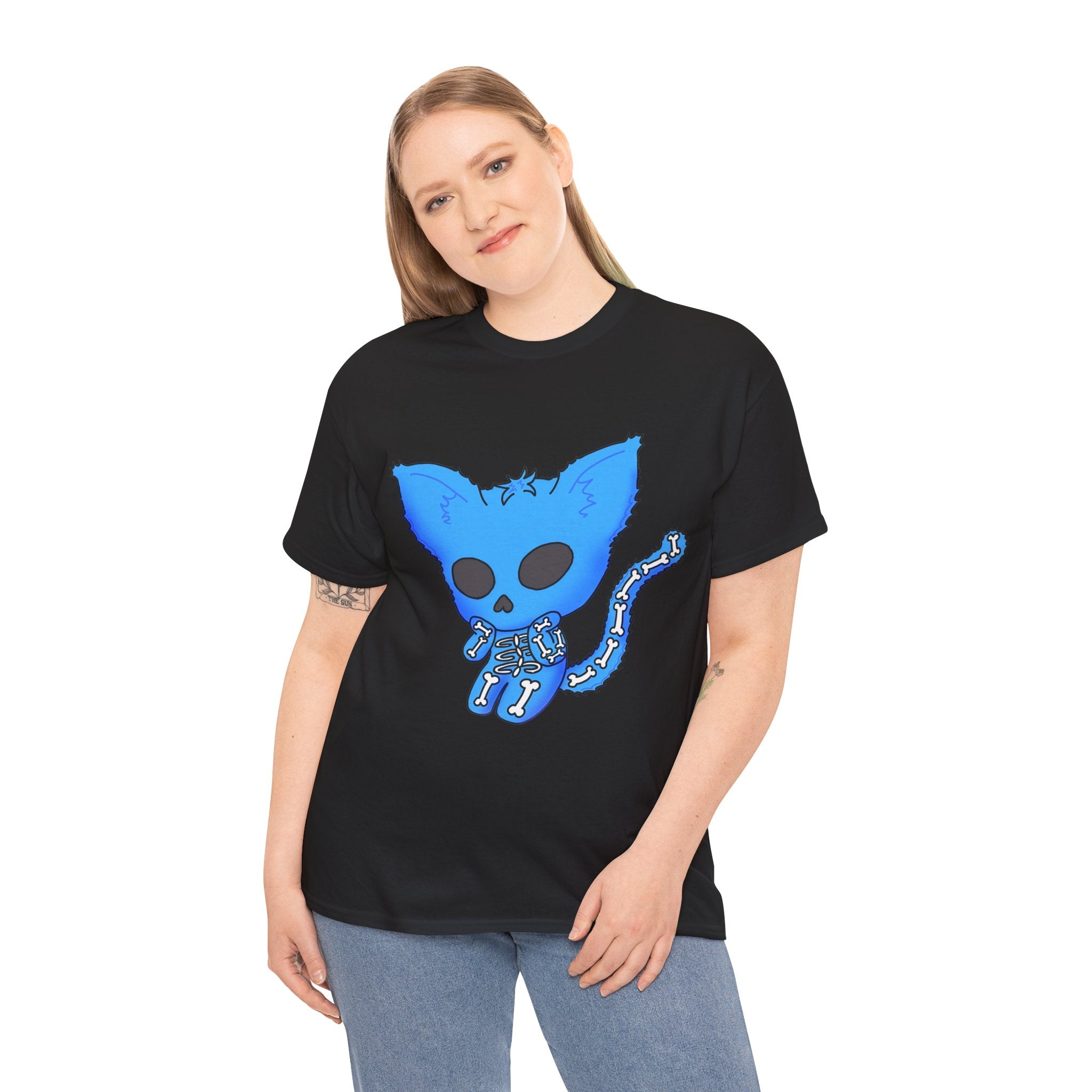 Blue Skeleton Cat Graphic Tee - Cute Creepy Kitty Shirt - 100% Cotton