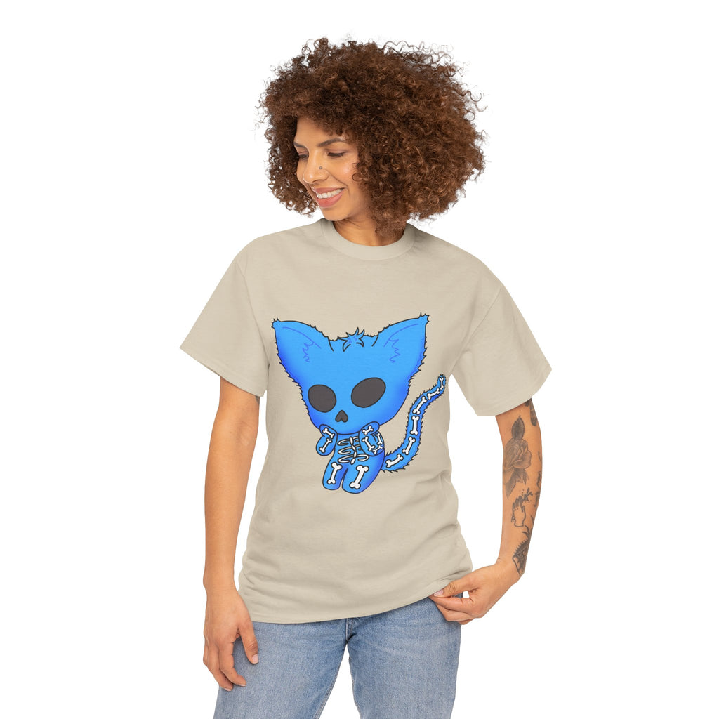 Blue Skeleton Cat Graphic Tee - Cute Creepy Kitty Shirt - 100% Cotton