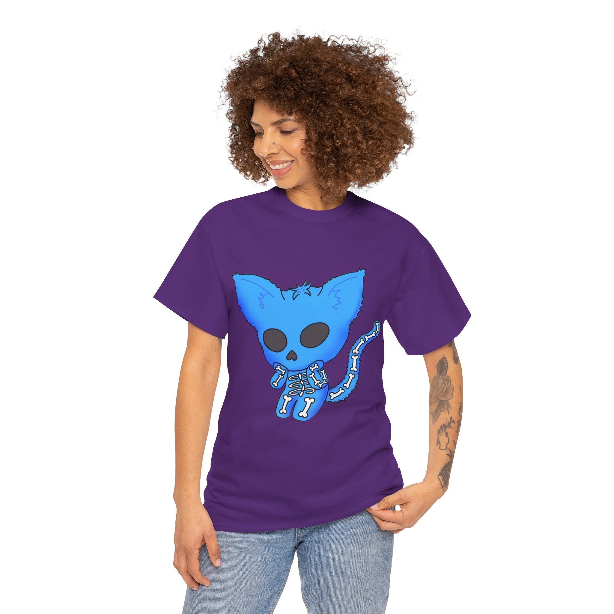 Blue Skeleton Cat Graphic Tee - Cute Creepy Kitty Shirt - 100% Cotton