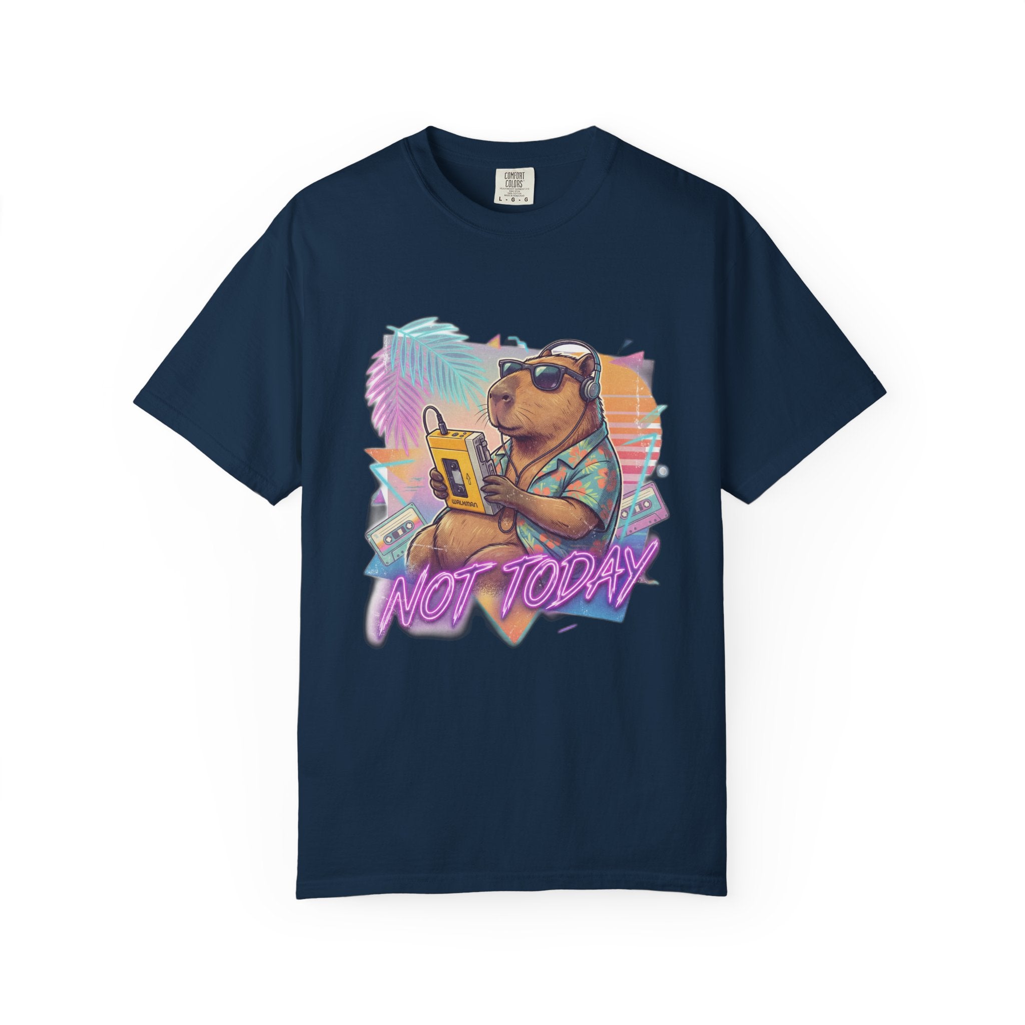 Vintage 80s Capybara T-Shirt — 'NOT TODAY' Neon Walkman Design - 100% Cotton