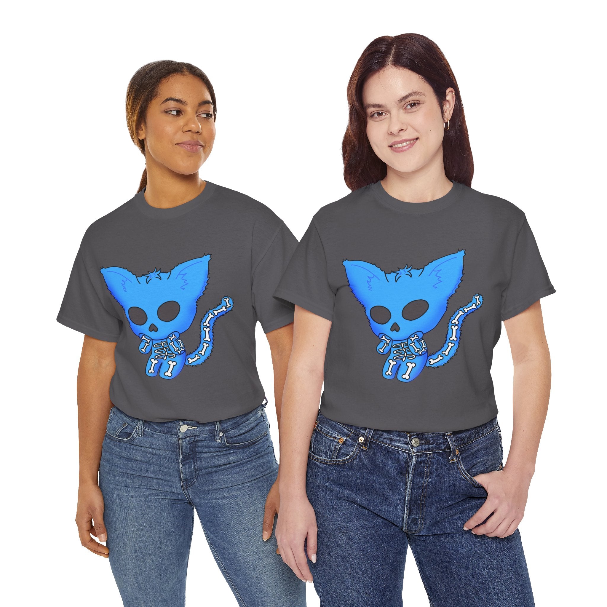 Blue Skeleton Cat Graphic Tee - Cute Creepy Kitty Shirt - 100% Cotton