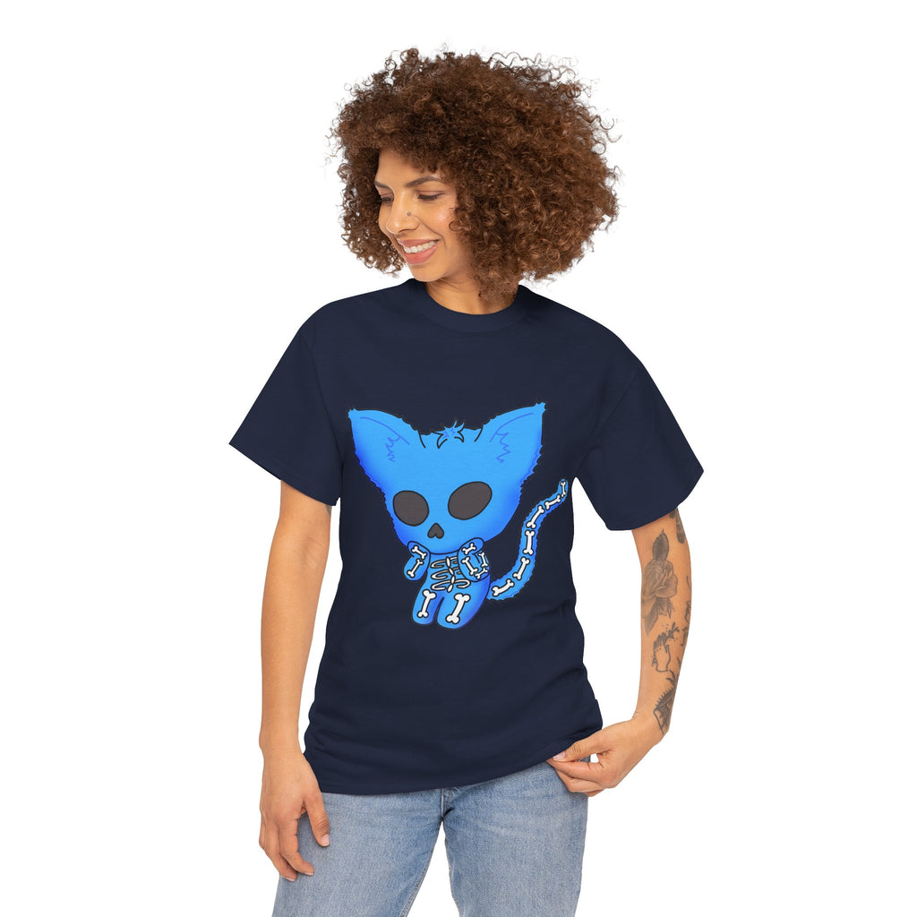 Blue Skeleton Cat Graphic Tee - Cute Creepy Kitty Shirt - 100% Cotton