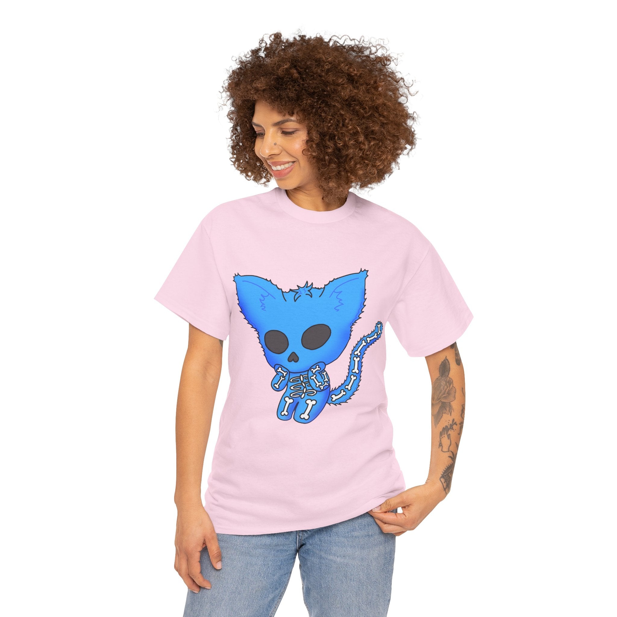 Blue Skeleton Cat Graphic Tee - Cute Creepy Kitty Shirt - 100% Cotton
