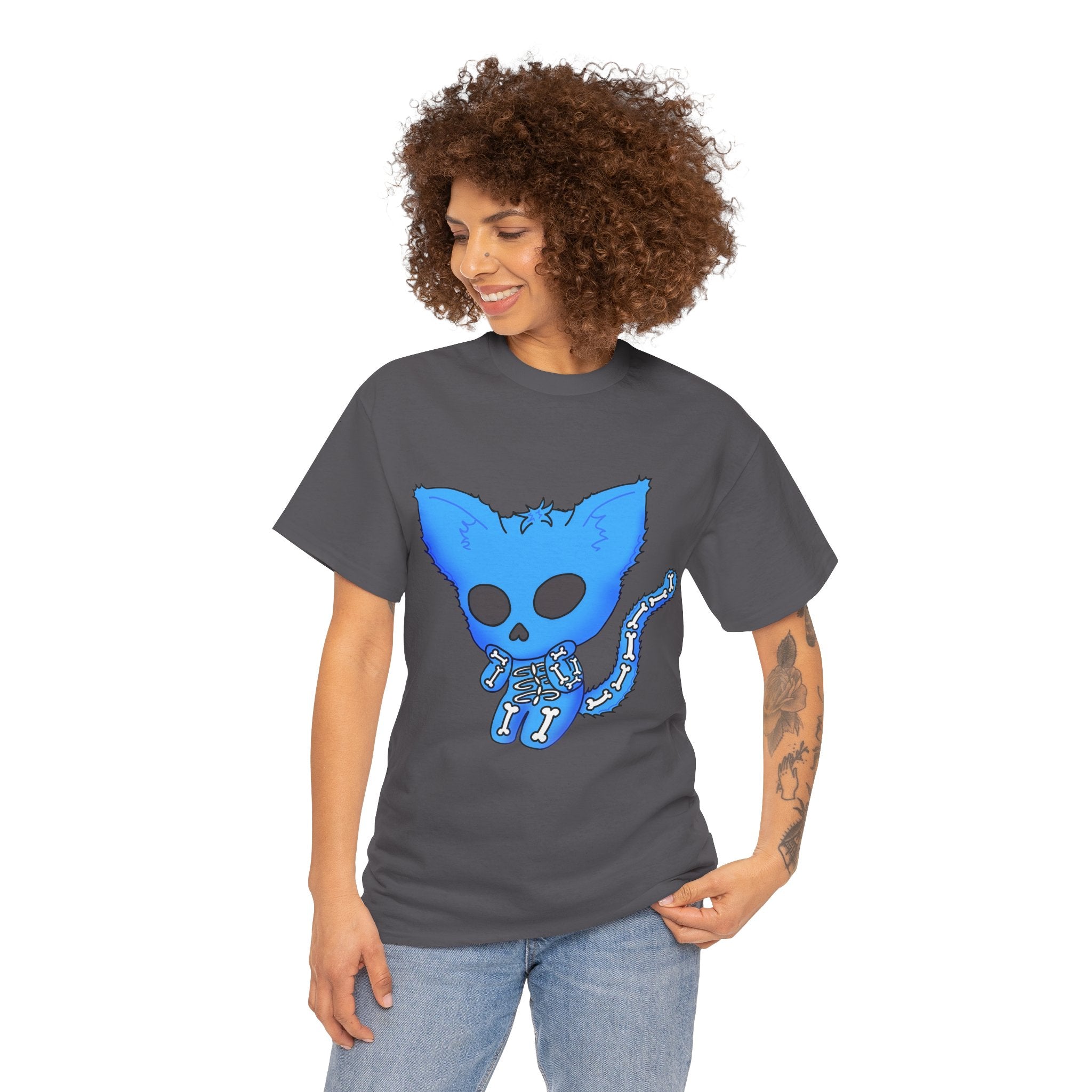 Blue Skeleton Cat Graphic Tee - Cute Creepy Kitty Shirt - 100% Cotton