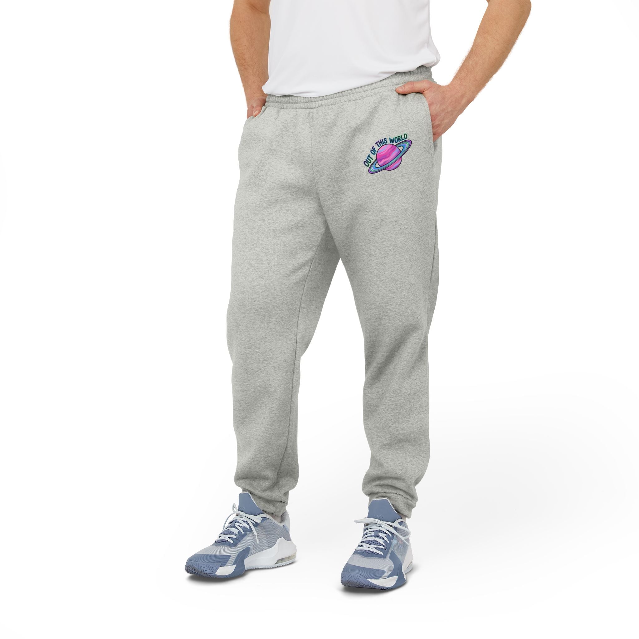 Planet Patch Joggers — Grey Fleece Sweatpants with Retro Space Graphic