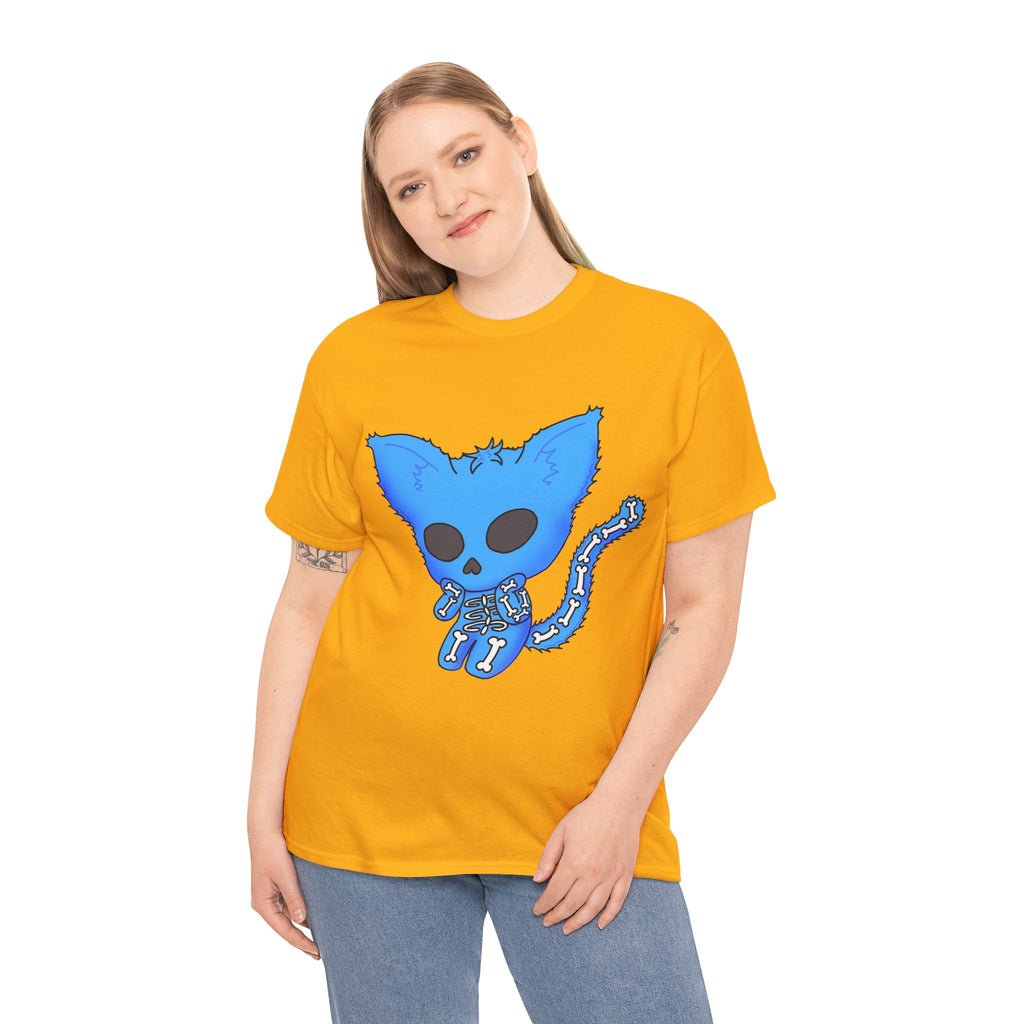 Blue Skeleton Cat Graphic Tee - Cute Creepy Kitty Shirt - 100% Cotton