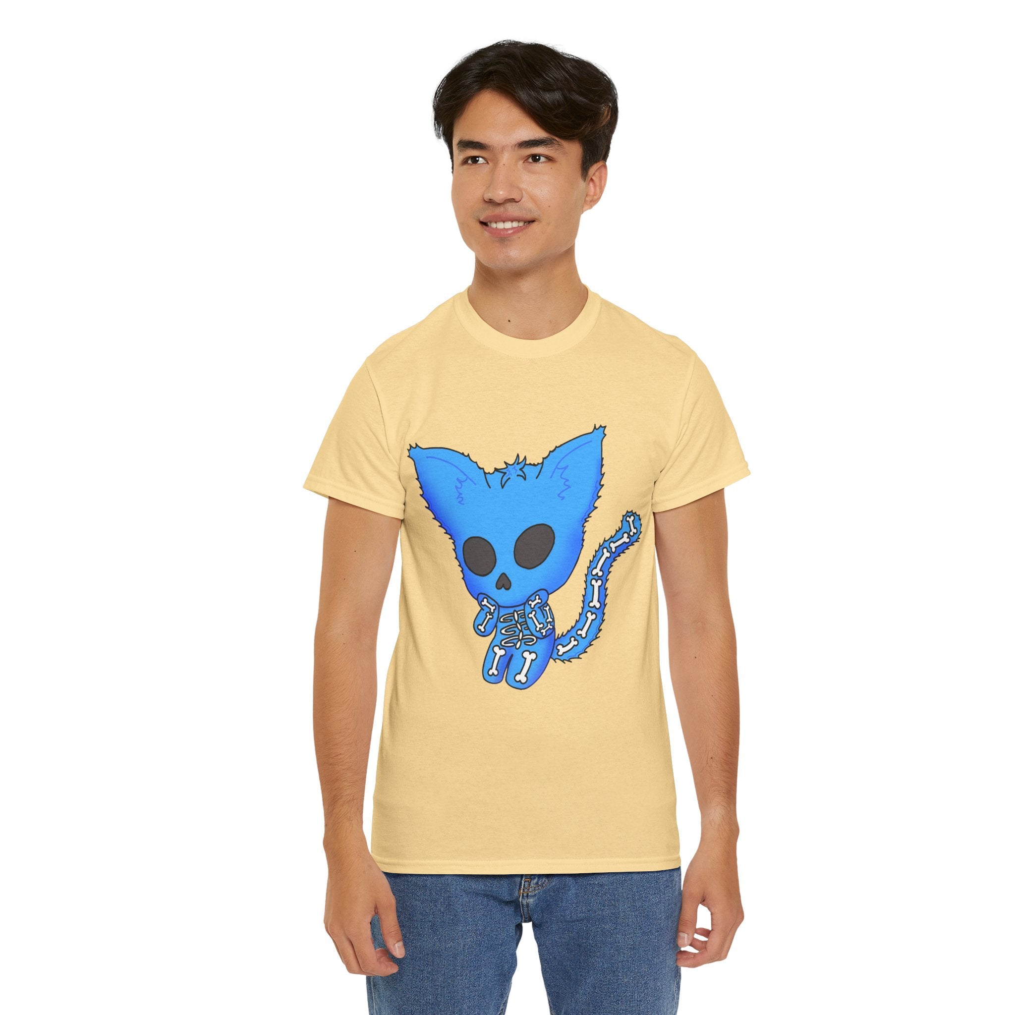 Blue Skeleton Cat Graphic Tee - Cute Creepy Kitty Shirt - 100% Cotton