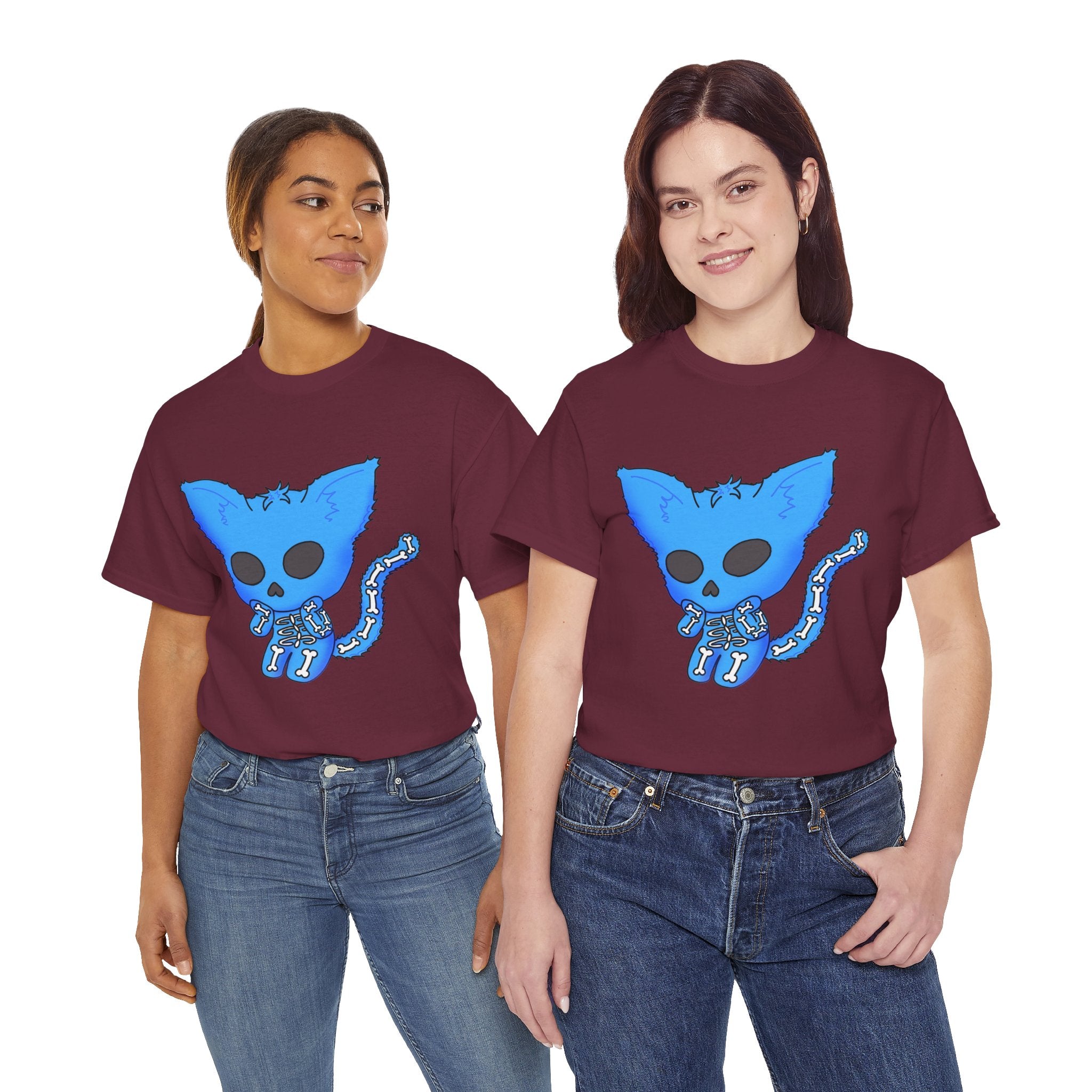 Blue Skeleton Cat Graphic Tee - Cute Creepy Kitty Shirt - 100% Cotton