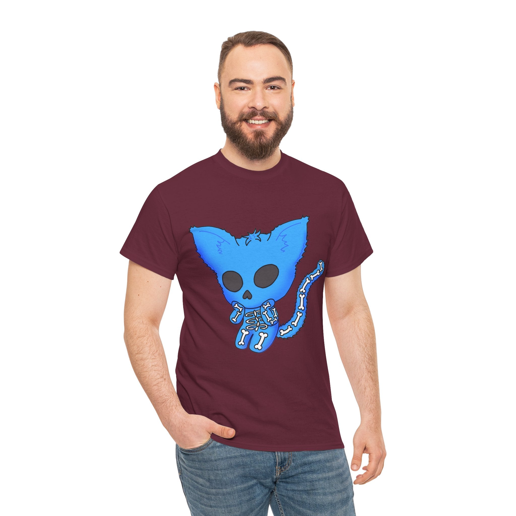 Blue Skeleton Cat Graphic Tee - Cute Creepy Kitty Shirt - 100% Cotton