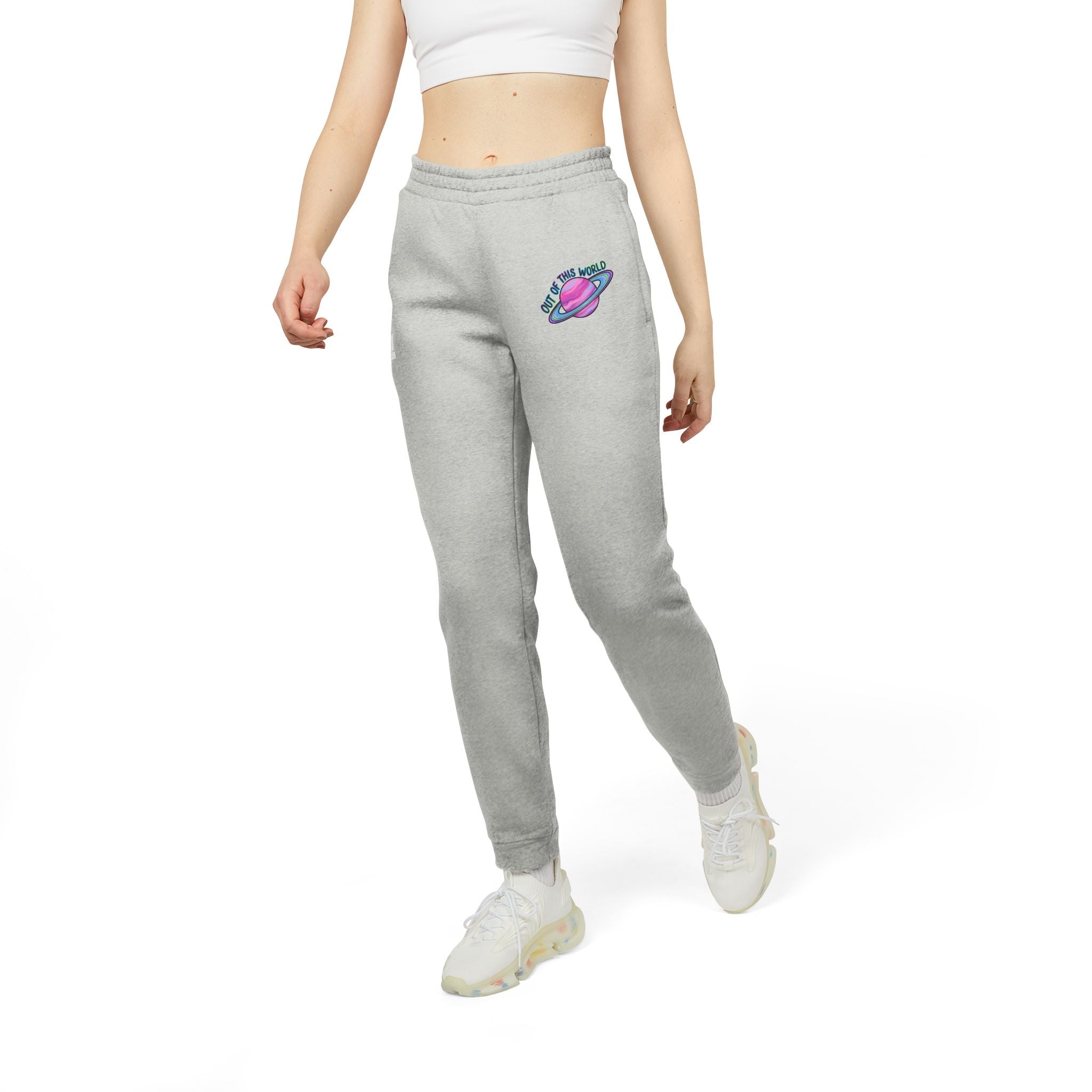 Planet Patch Joggers — Grey Fleece Sweatpants with Retro Space Graphic