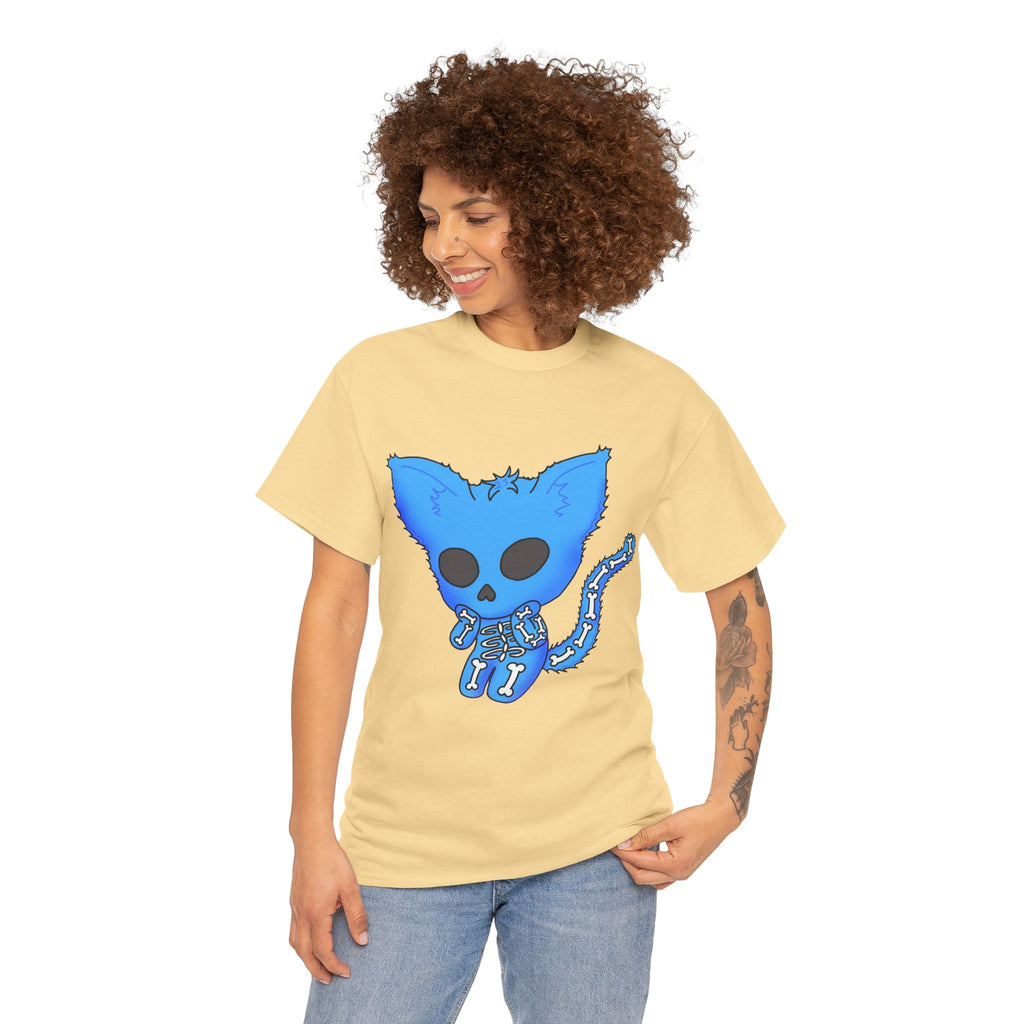Blue Skeleton Cat Graphic Tee - Cute Creepy Kitty Shirt - 100% Cotton
