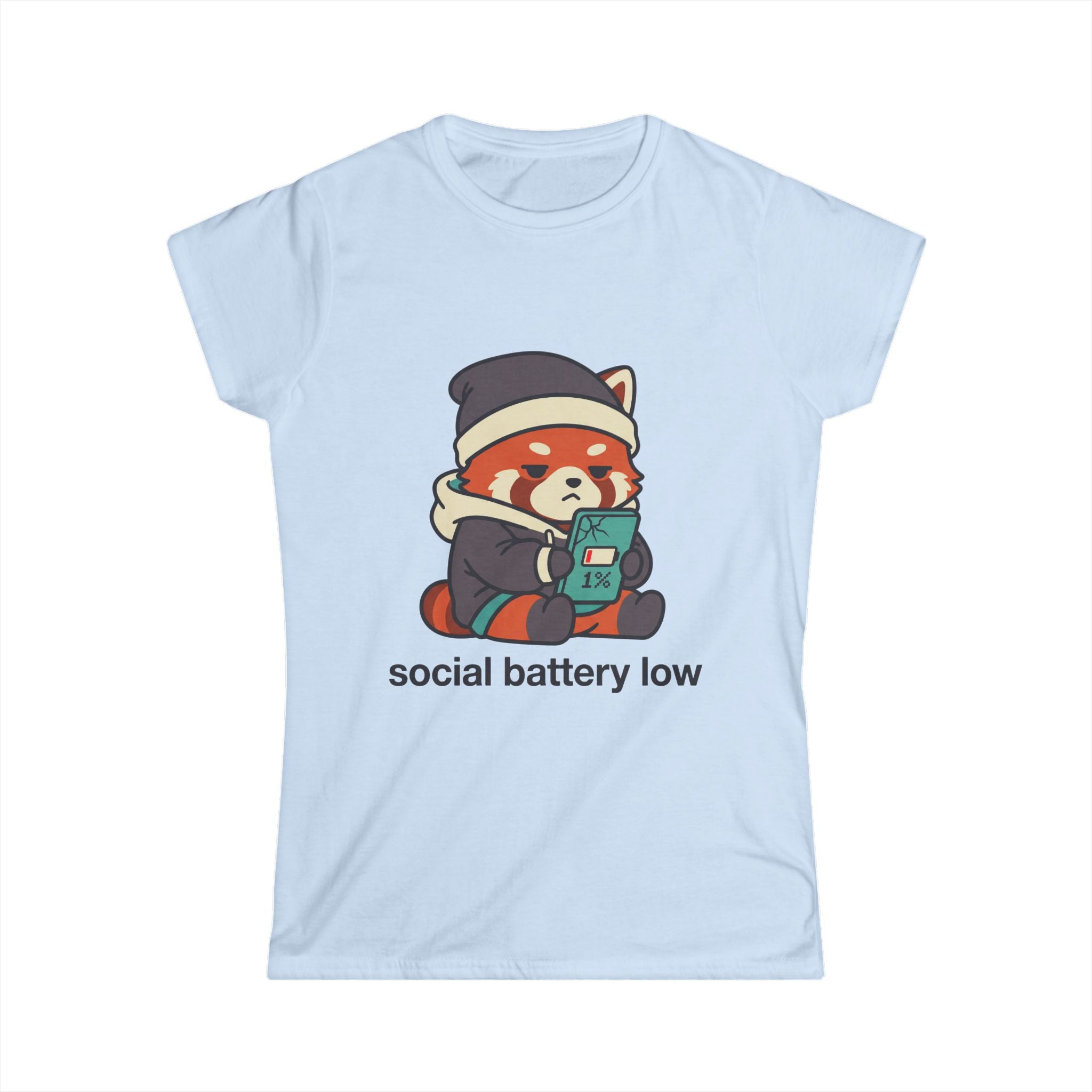 Social Battery Low Tee - Cute Red Panda Graphic Women's Casual T-Shirt - 100% Cotton - Various Colours