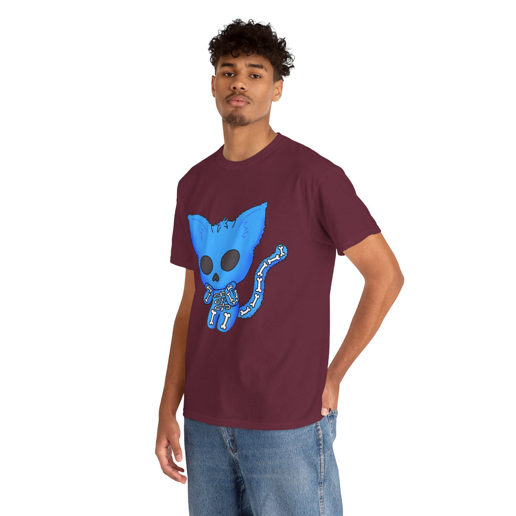 Blue Skeleton Cat Graphic Tee - Cute Creepy Kitty Shirt - 100% Cotton