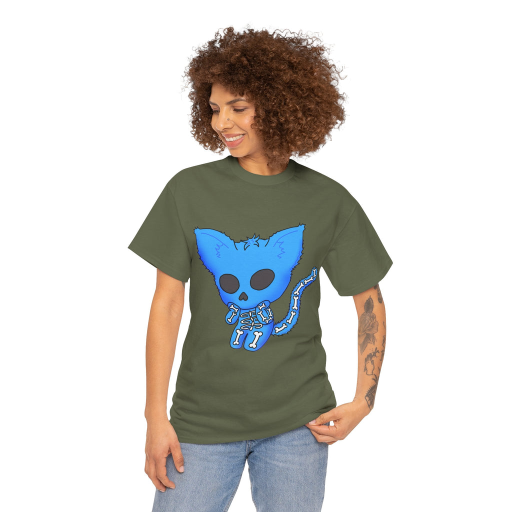Blue Skeleton Cat Graphic Tee - Cute Creepy Kitty Shirt - 100% Cotton