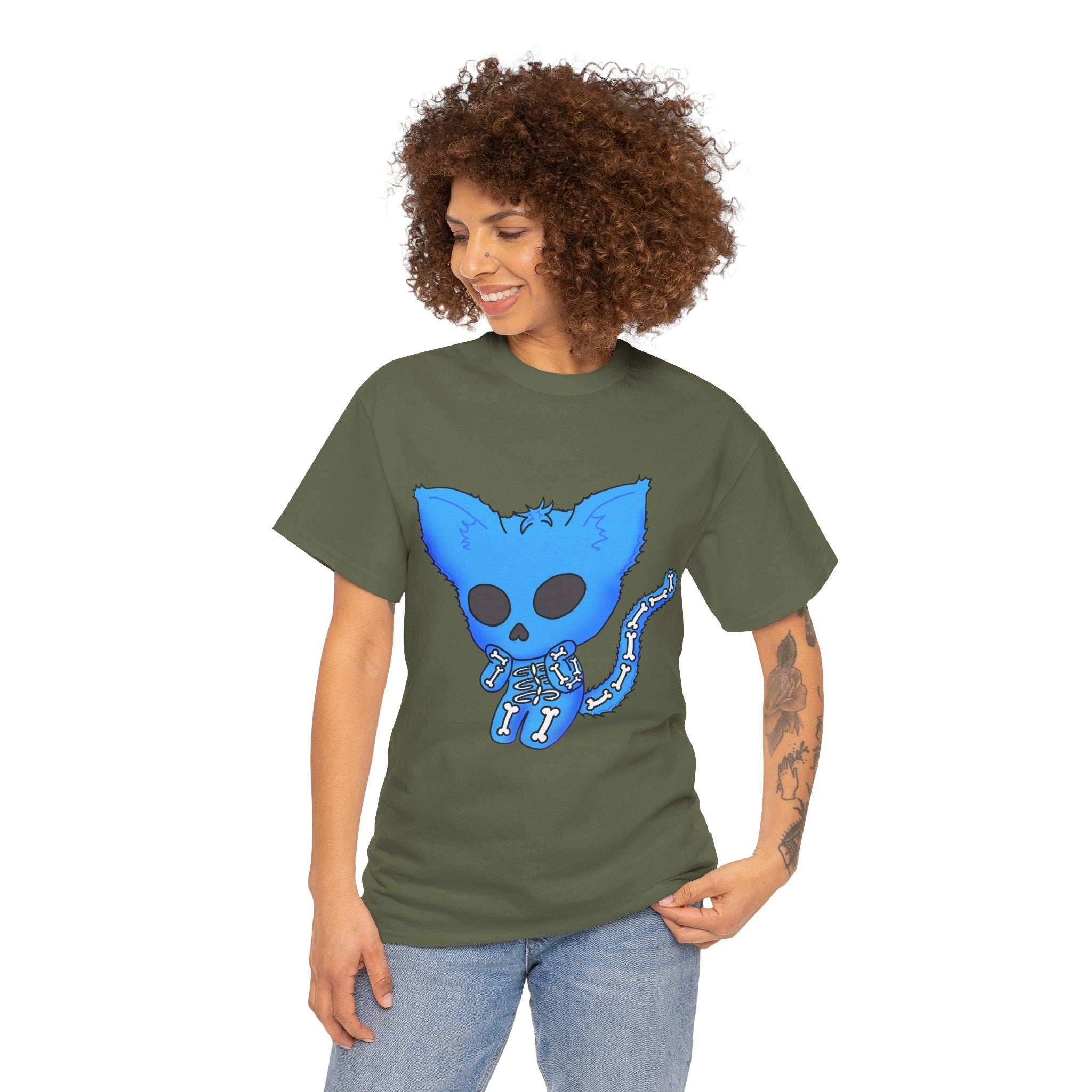 Blue Skeleton Cat Graphic Tee - Cute Creepy Kitty Shirt - 100% Cotton