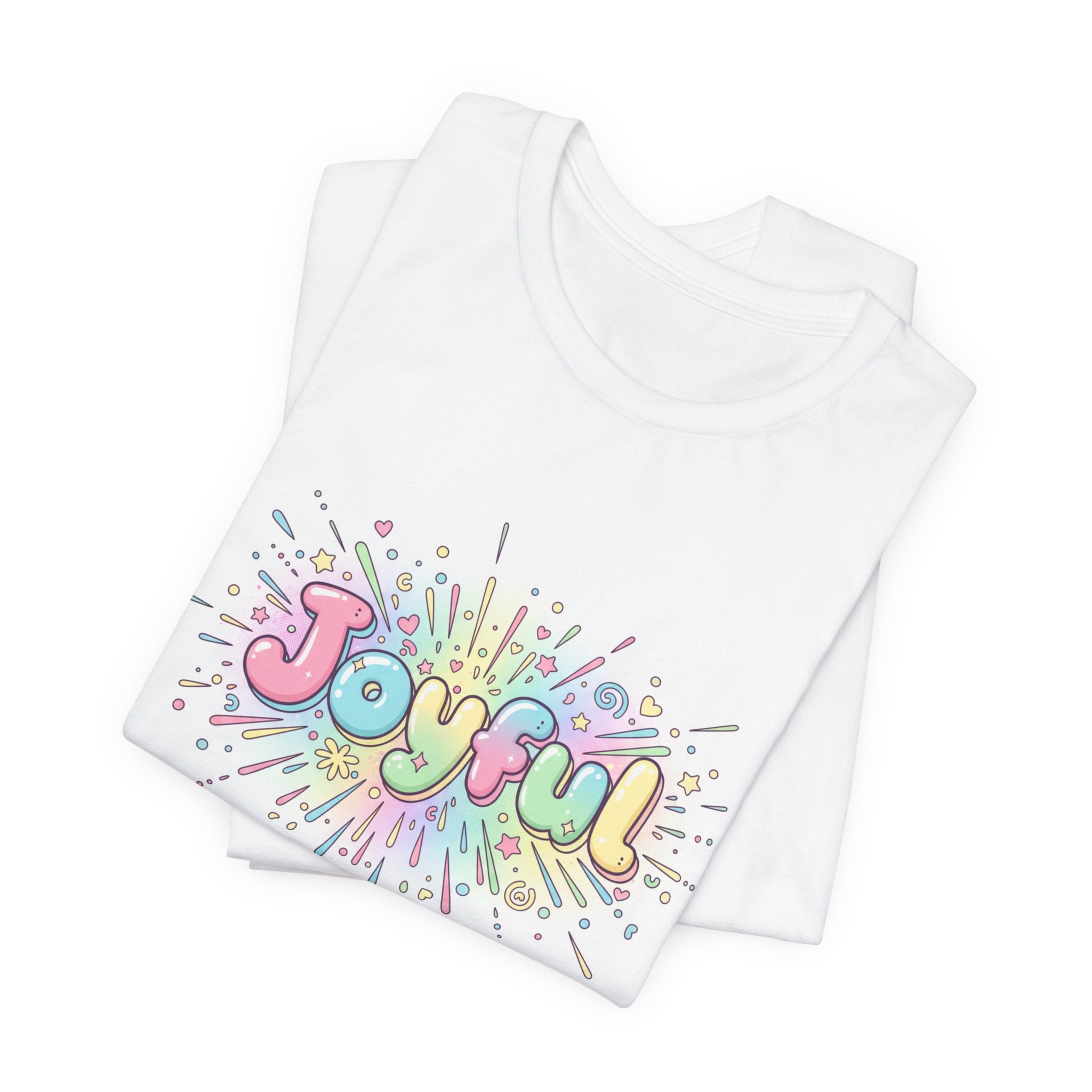 Joyful bubble letters Tee | chaotic cute typography, rainbow gradient - 100% Cotton