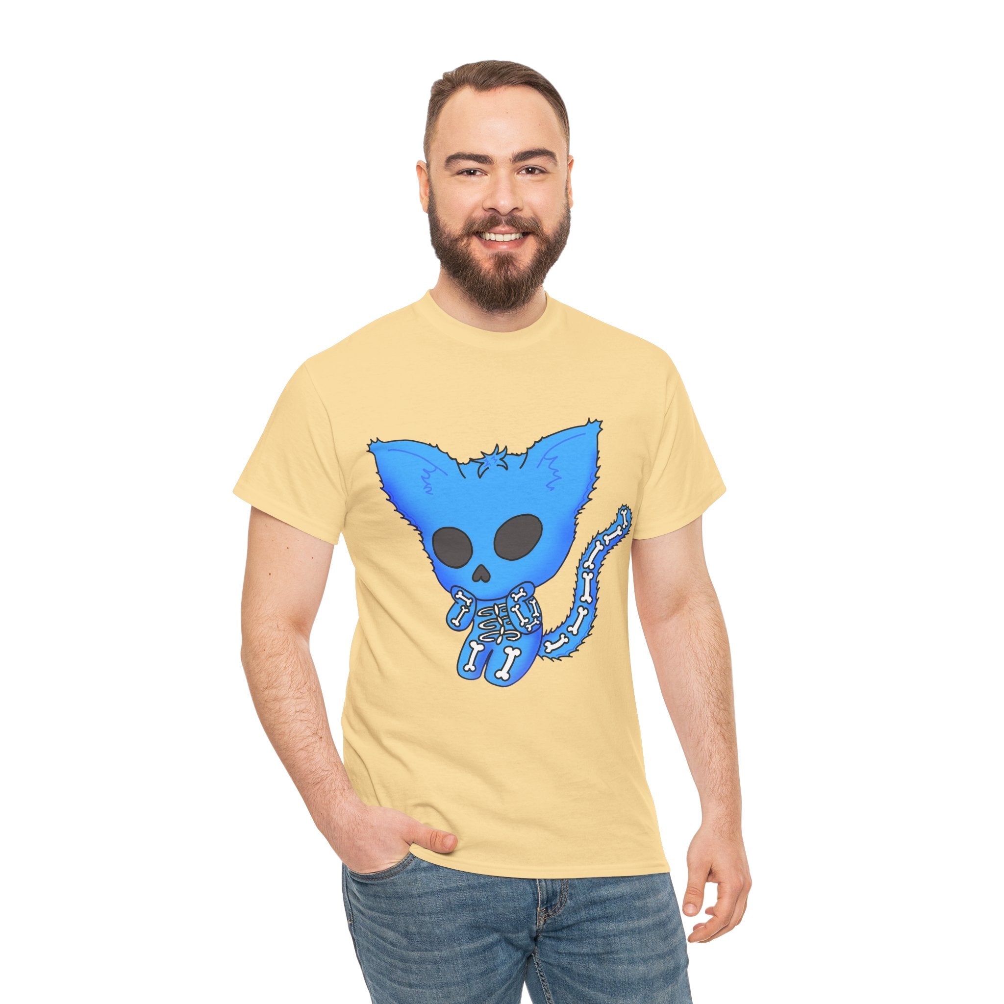 Blue Skeleton Cat Graphic Tee - Cute Creepy Kitty Shirt - 100% Cotton