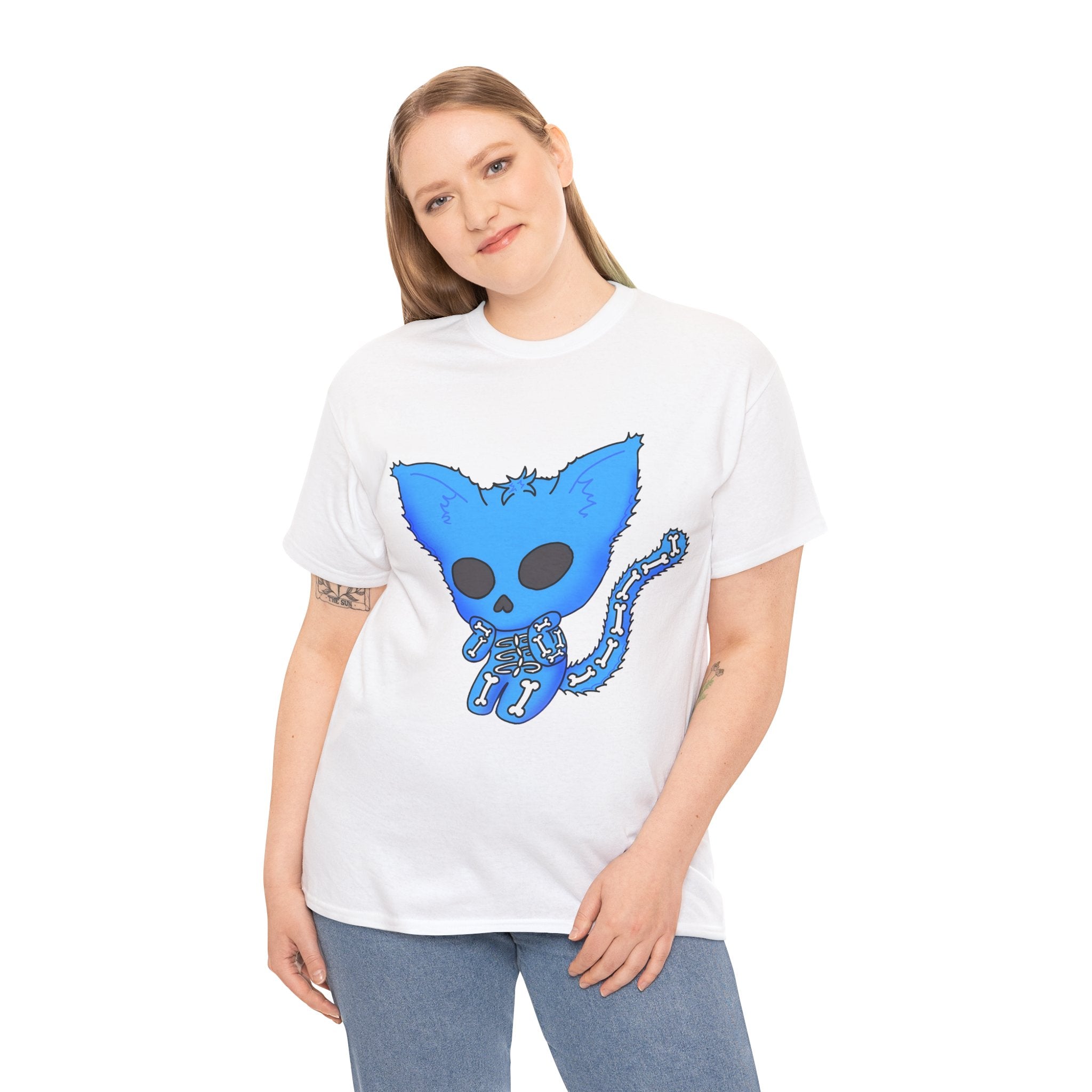 Blue Skeleton Cat Graphic Tee - Cute Creepy Kitty Shirt - 100% Cotton