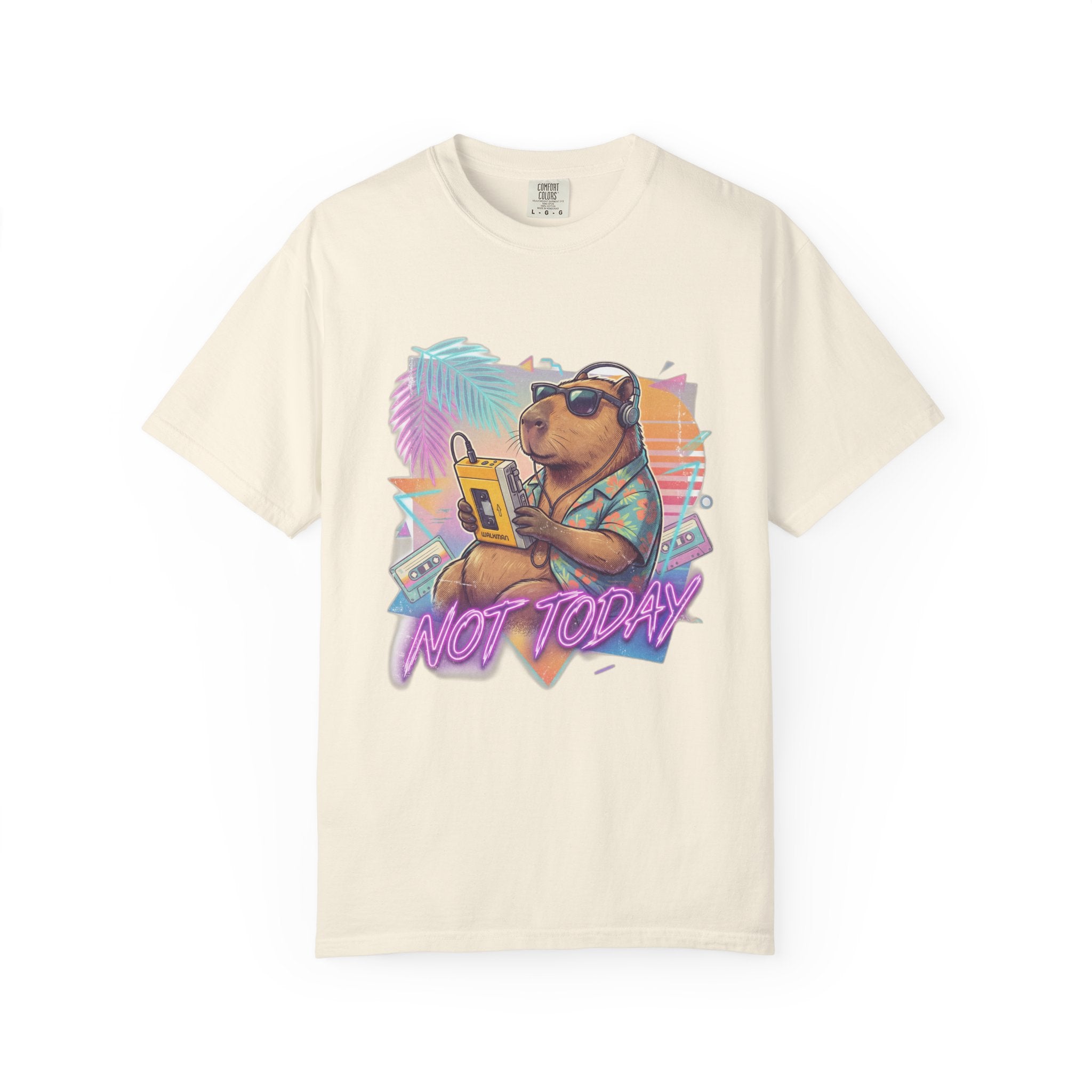 Vintage 80s Capybara T-Shirt — 'NOT TODAY' Neon Walkman Design - 100% Cotton