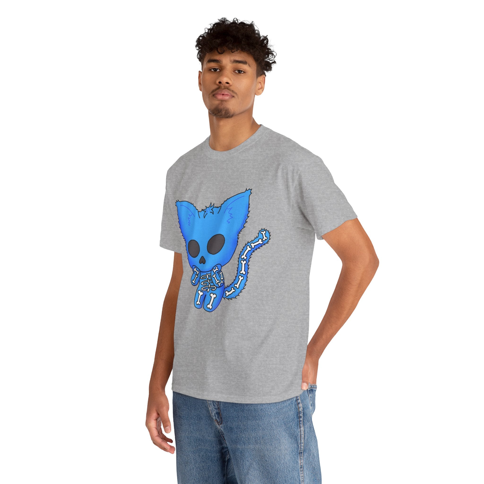 Blue Skeleton Cat Graphic Tee - Cute Creepy Kitty Shirt - 100% Cotton