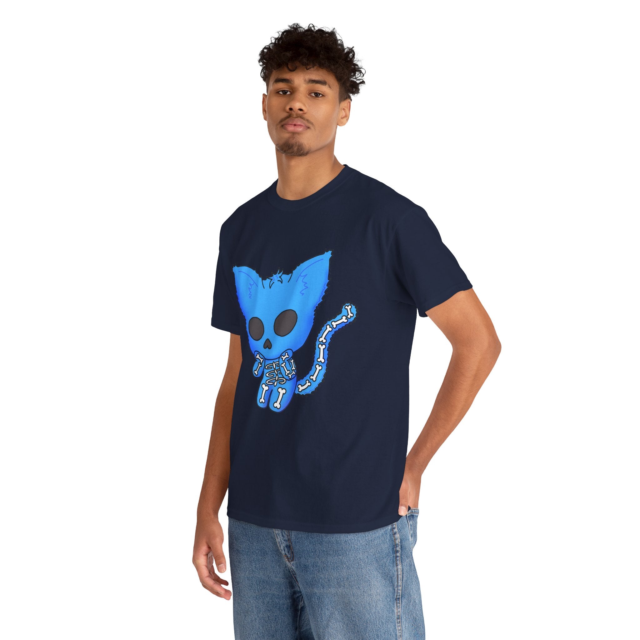 Blue Skeleton Cat Graphic Tee - Cute Creepy Kitty Shirt - 100% Cotton
