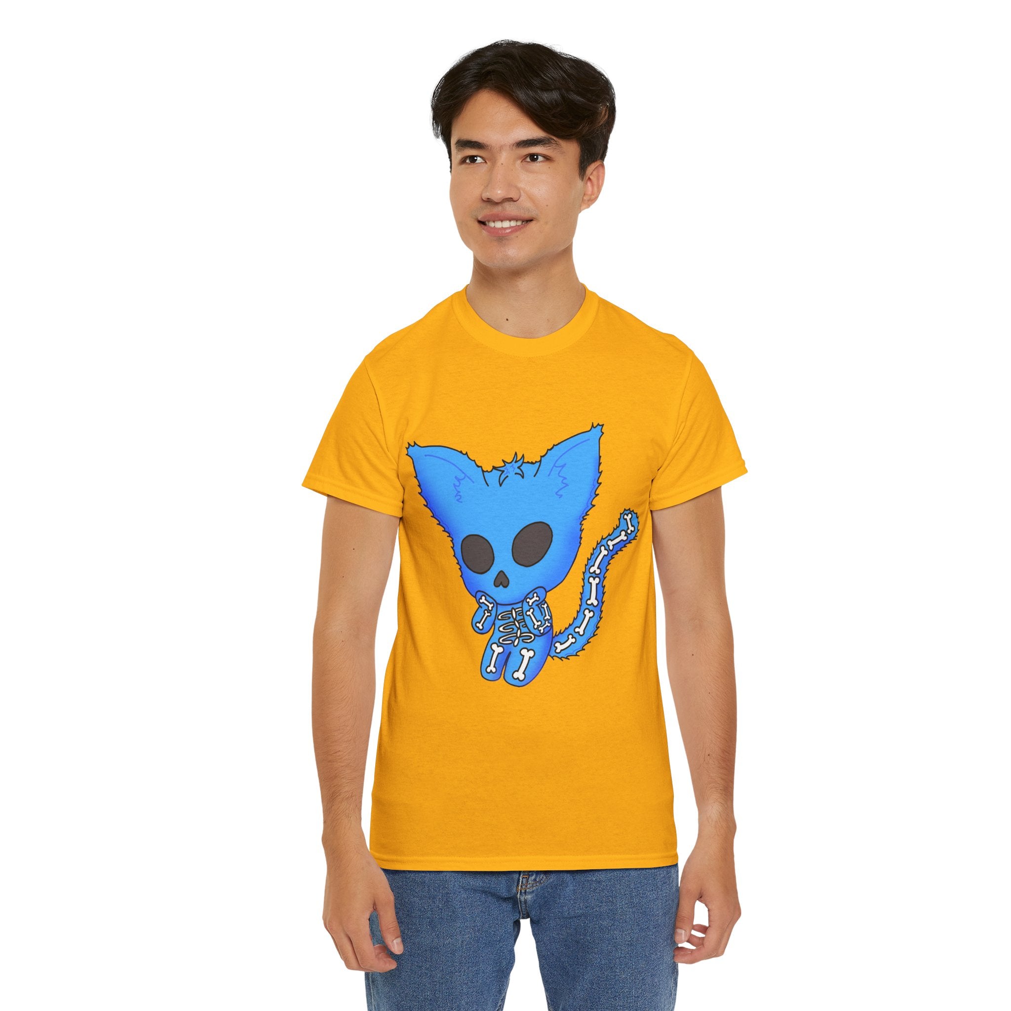 Blue Skeleton Cat Graphic Tee - Cute Creepy Kitty Shirt - 100% Cotton