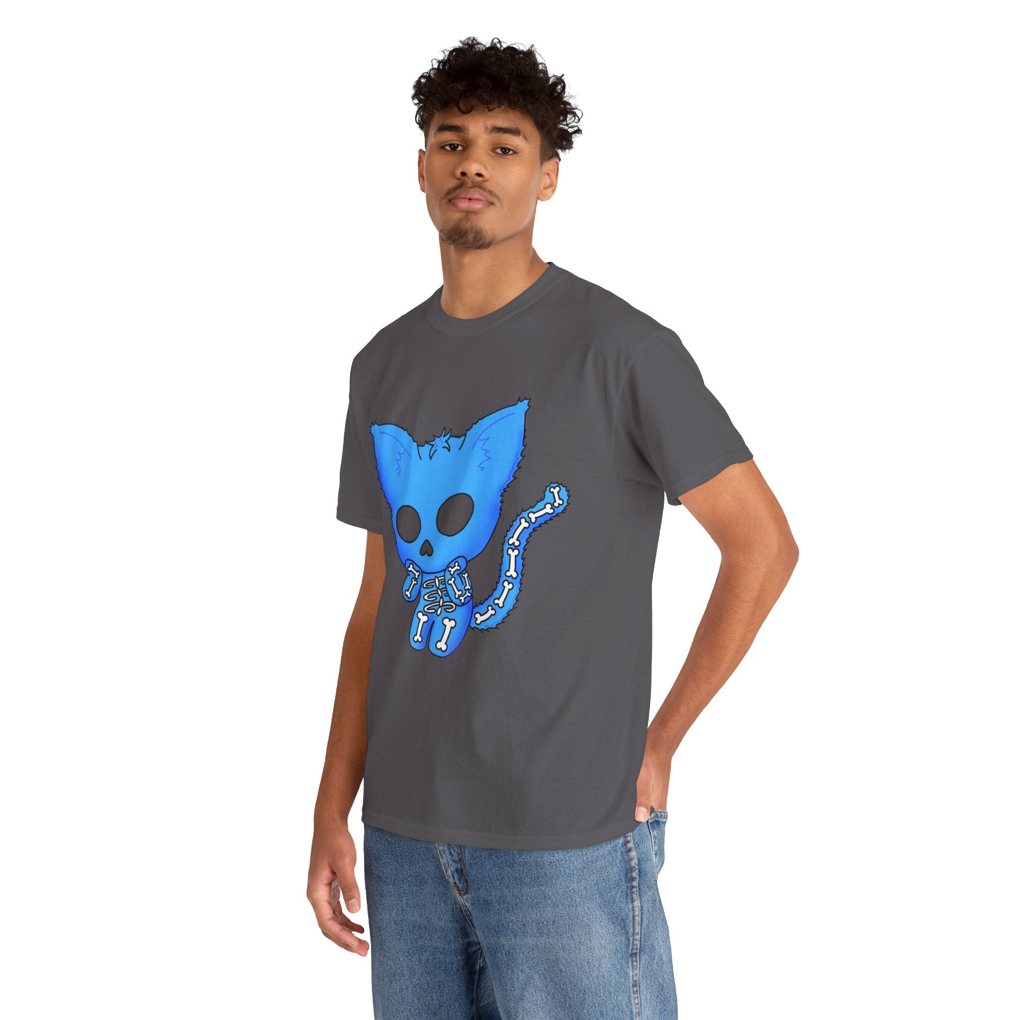 Blue Skeleton Cat Graphic Tee - Cute Creepy Kitty Shirt - 100% Cotton