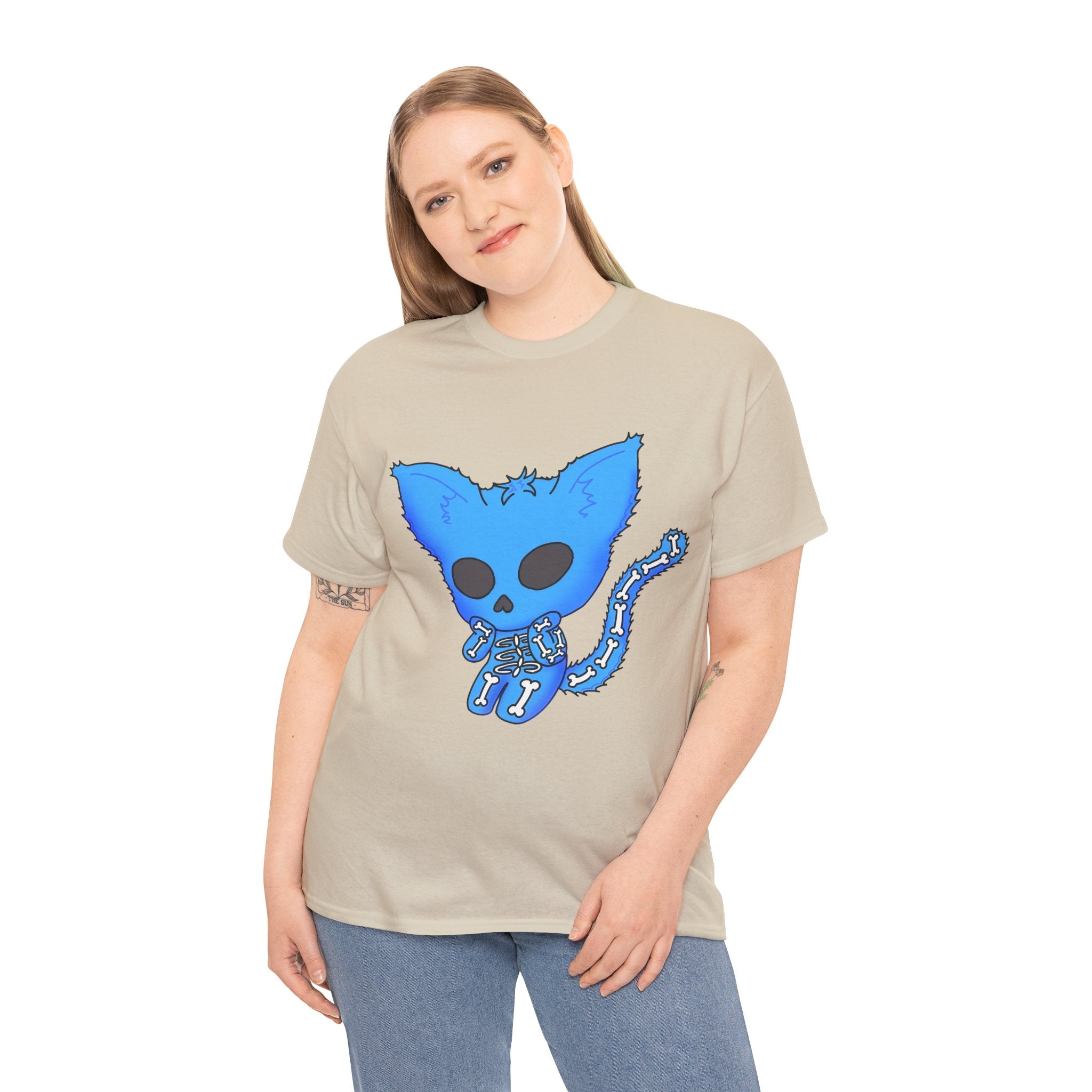 Blue Skeleton Cat Graphic Tee - Cute Creepy Kitty Shirt - 100% Cotton