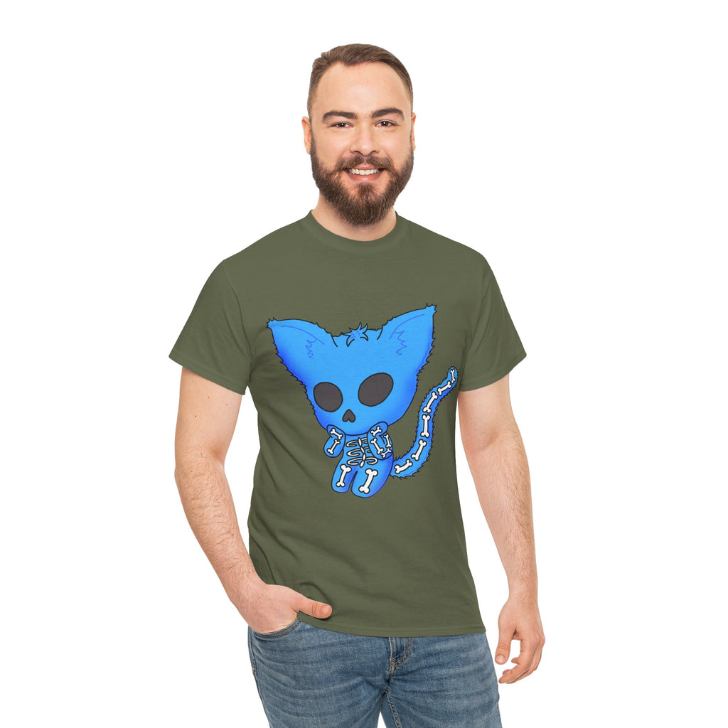 Blue Skeleton Cat Graphic Tee - Cute Creepy Kitty Shirt - 100% Cotton