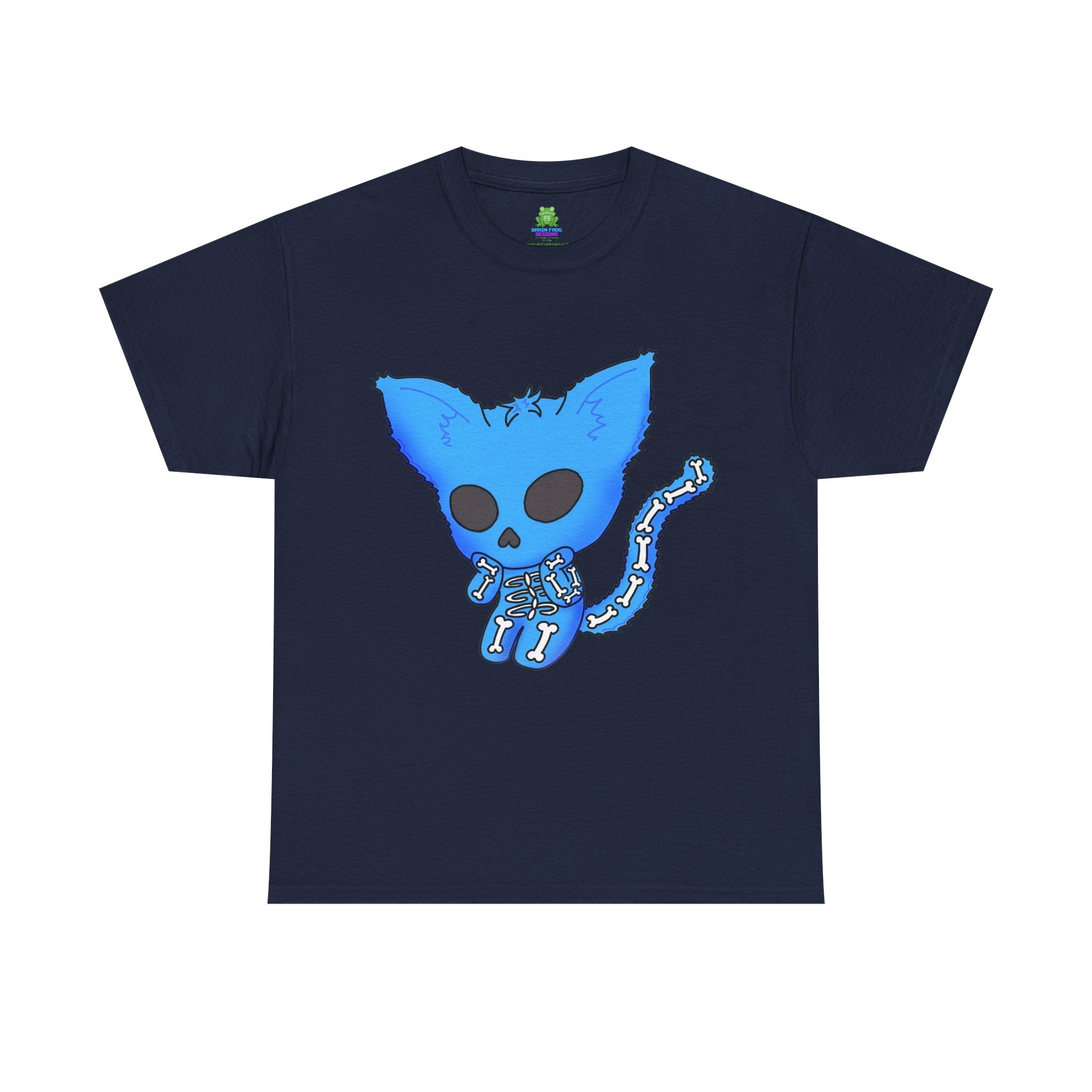 Blue Skeleton Cat Graphic Tee - Cute Creepy Kitty Shirt - 100% Cotton