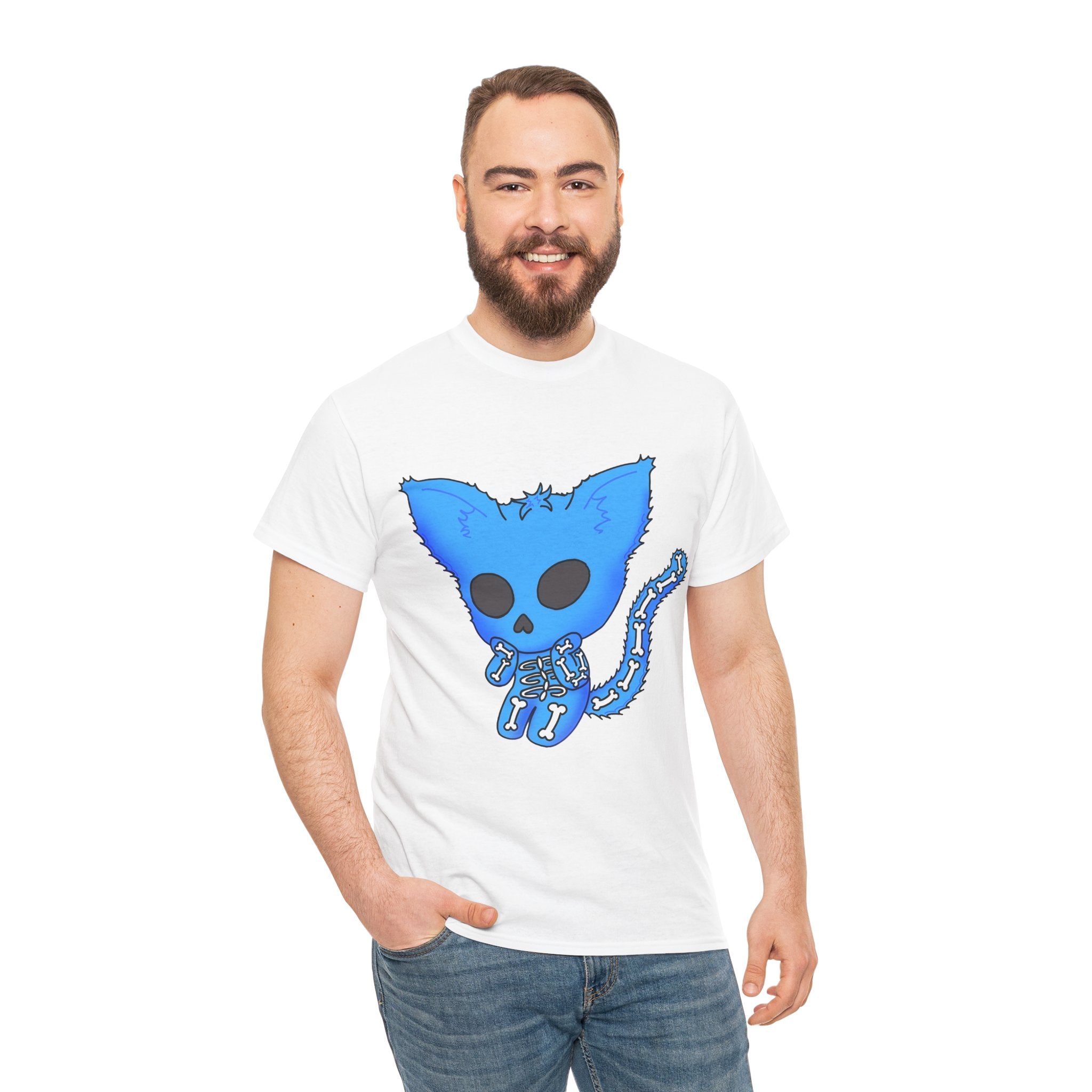 Blue Skeleton Cat Graphic Tee - Cute Creepy Kitty Shirt - 100% Cotton